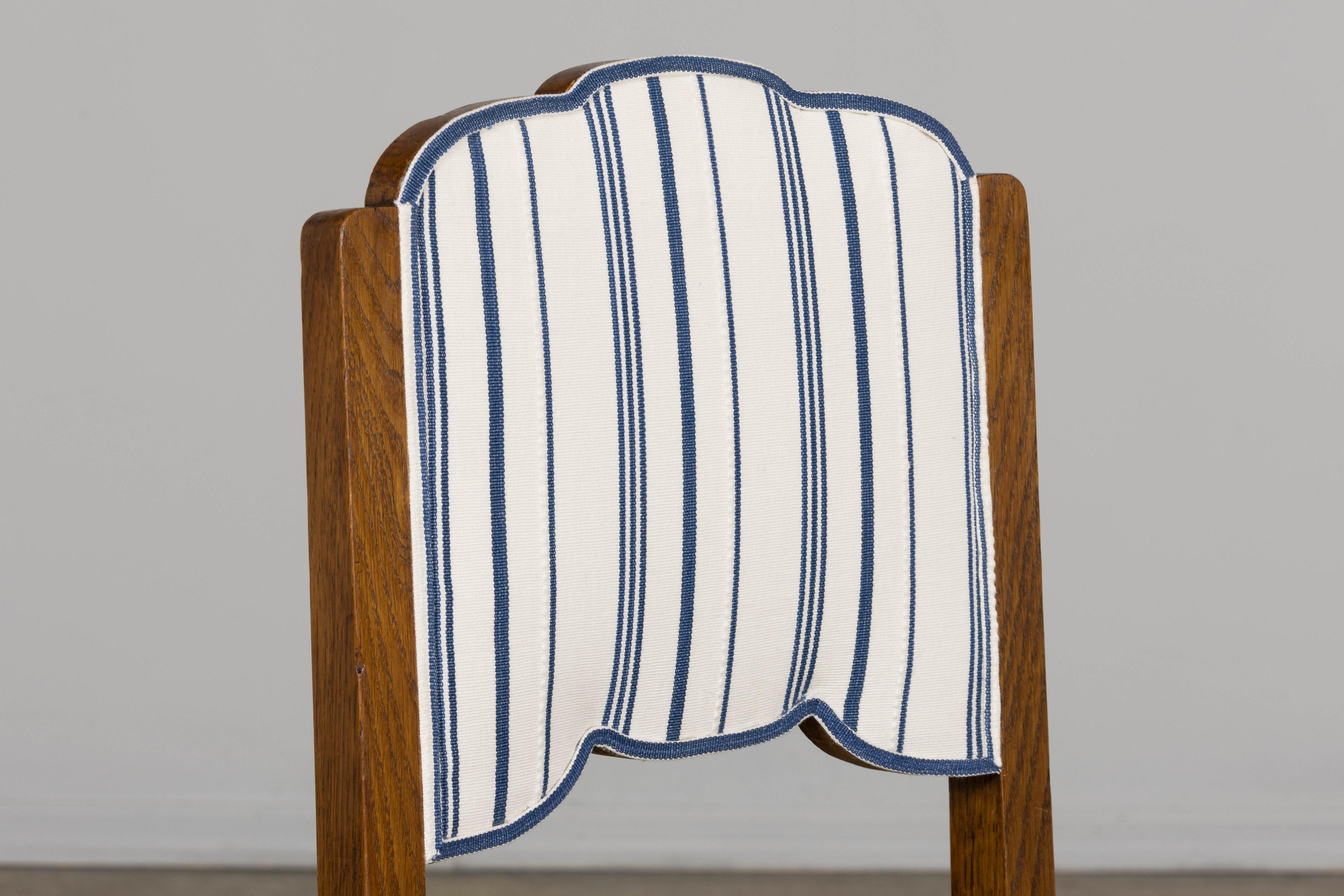 1950s French Art Deco Scalloped Back Oak Dining Chairs in Blue- Set of 6 For Sale 2