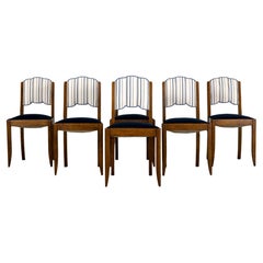Retro 1950s French Art Deco Scalloped Back Oak Dining Chairs in Blue- Set of 6