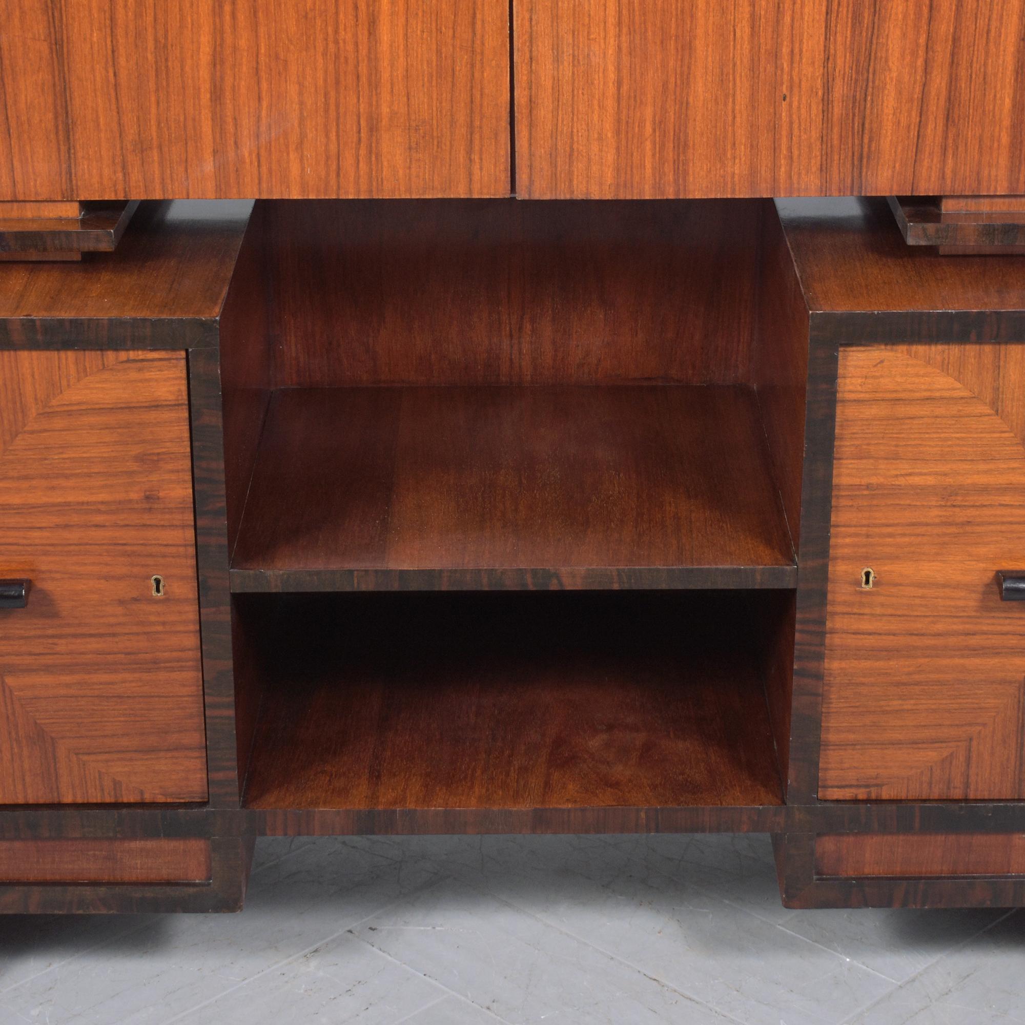 Lacquered 1950s French Art Deco Mahogany Sideboard with Marquetry and Ebonized Handles For Sale