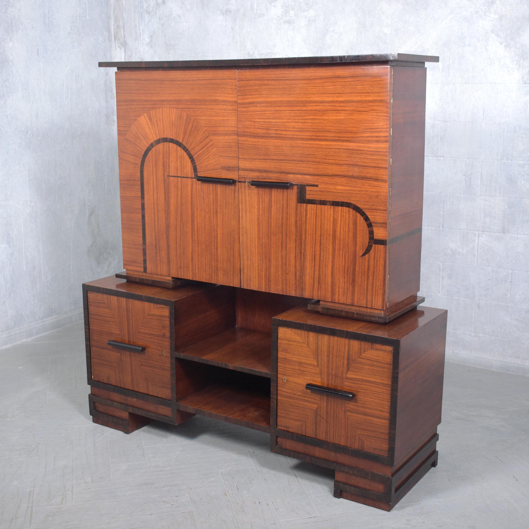 Mid-20th Century 1950s French Art Deco Mahogany Sideboard with Marquetry and Ebonized Handles For Sale