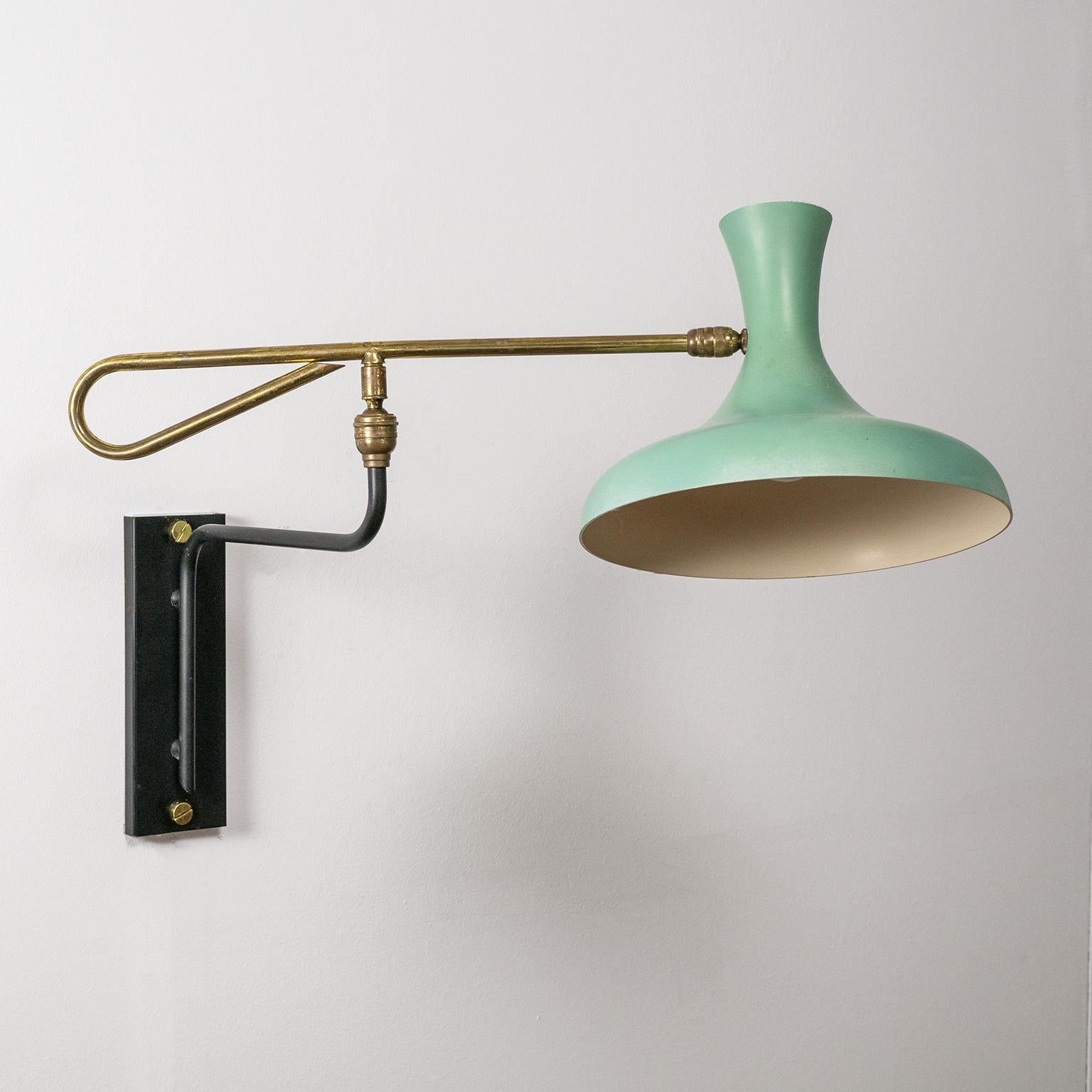 Mid-20th Century 1950s French Articulating Wall Light with Mint Lacquered Shade