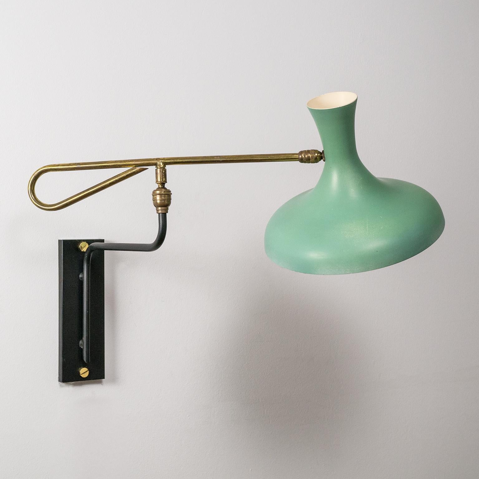 Brass 1950s French Articulating Wall Light with Mint Lacquered Shade