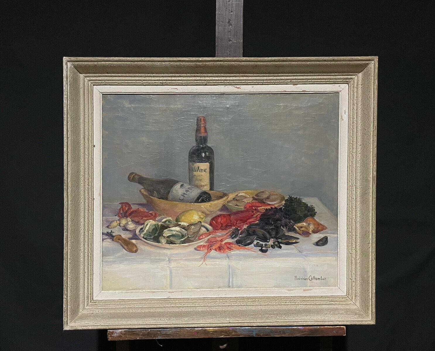 Sea Food Platter Still Life Lobster & Sea Food on Table Signed French Oil Paint - Painting by 1950's French artist