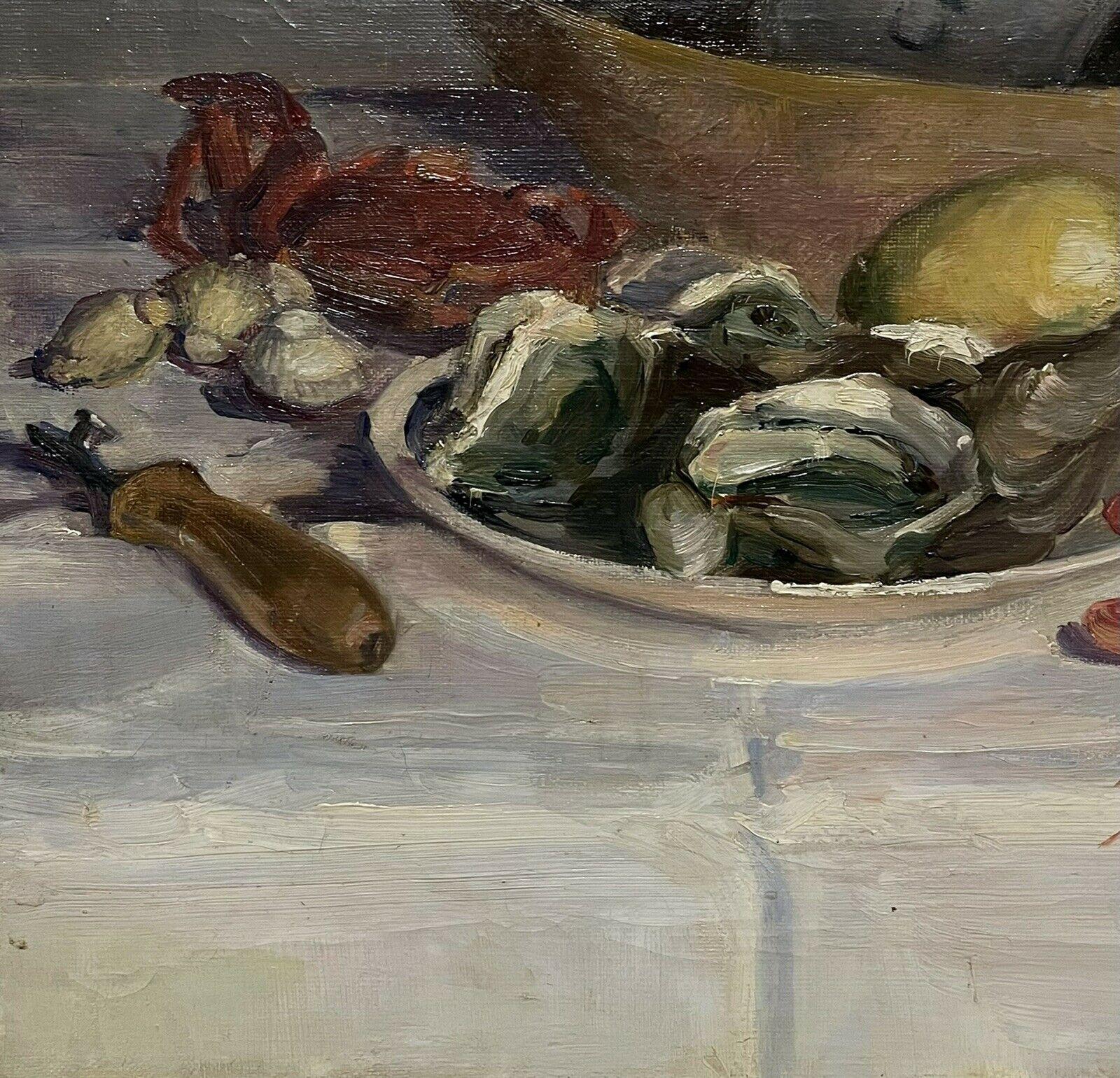 Sea Food Platter Still Life Lobster & Sea Food on Table Signed French Oil Paint - Impressionist Painting by 1950's French artist