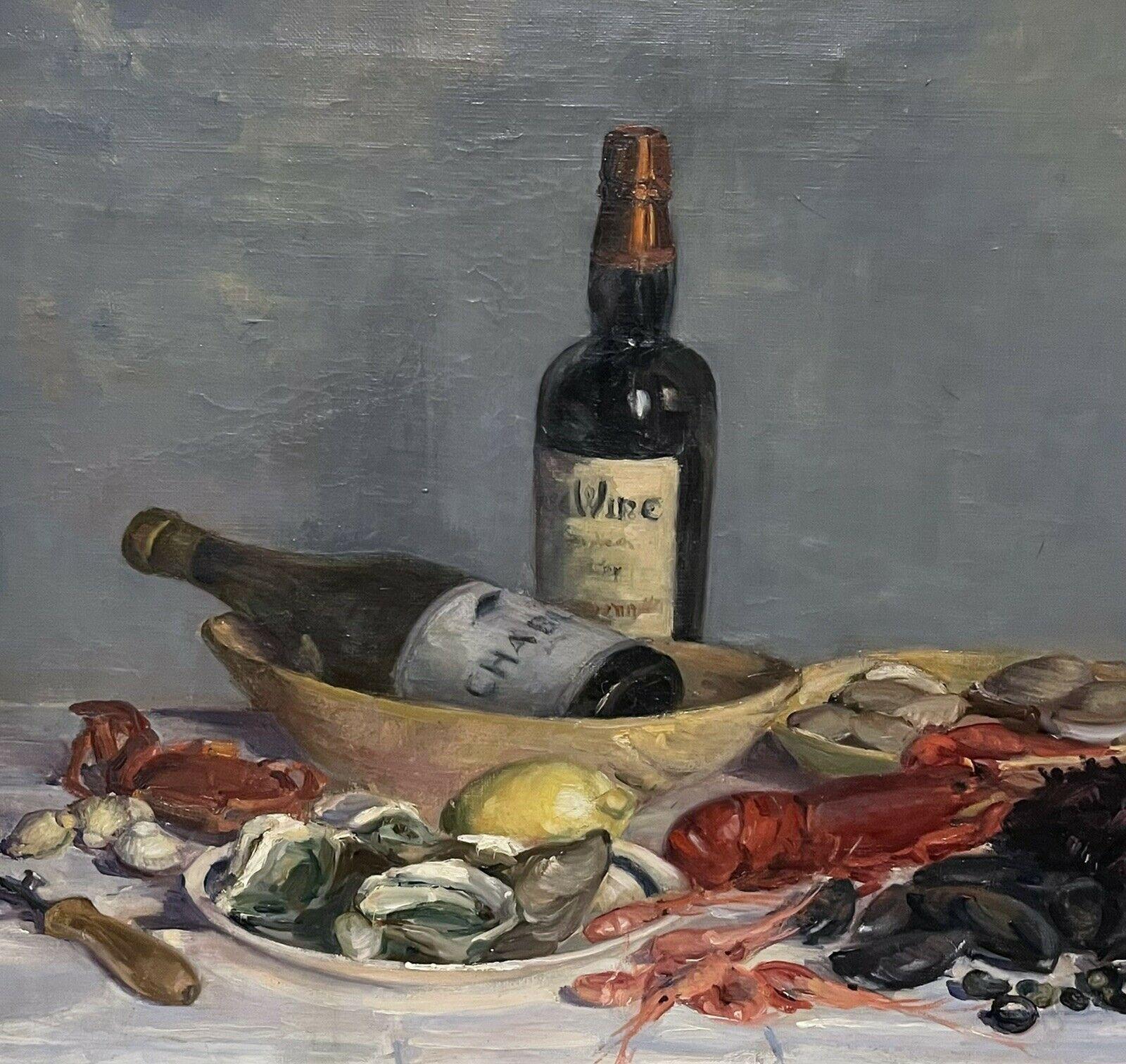 Artist/ School: French artist, circa 1950s, signed to the lower corner

Title: Sea Food Table (wine bottle, lobster, oysters, etc)

Medium: oil painting on canvas, framed

Size:

framed:27.25 x 31.5 inches
canvas: 21.25 x 25.5 inches
depth: 3