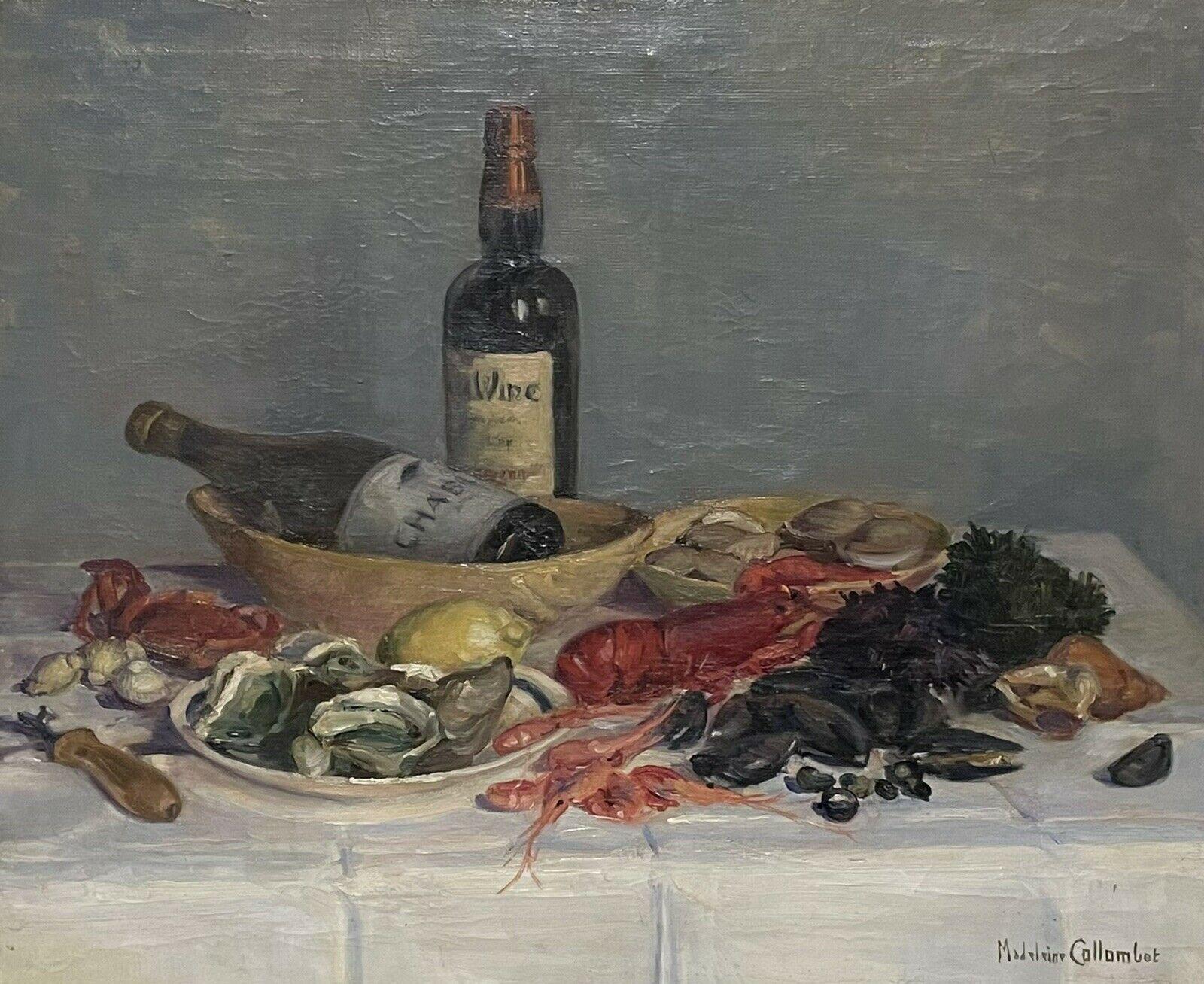 1950's French artist Still-Life Painting - Sea Food Platter Still Life Lobster & Sea Food on Table Signed French Oil Paint