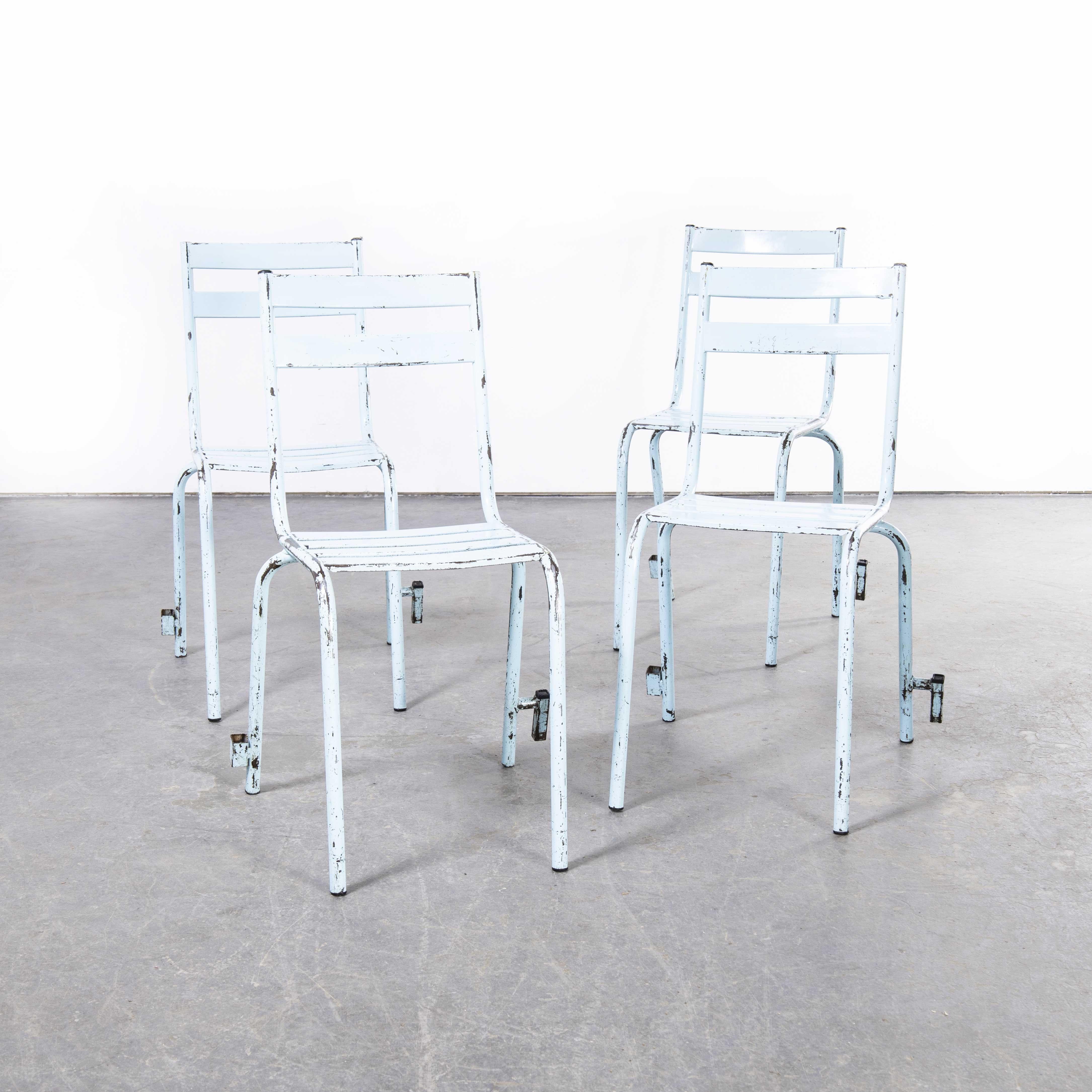 1950s french artprog sky blue metal stacking outdoor chairs – set of four
1950s french artprog sky blue metal stacking outdoor chairs – set of four. Reminiscent of tolix but not made by tolix, artprog was a producer in gray in haute saone. Sometimes