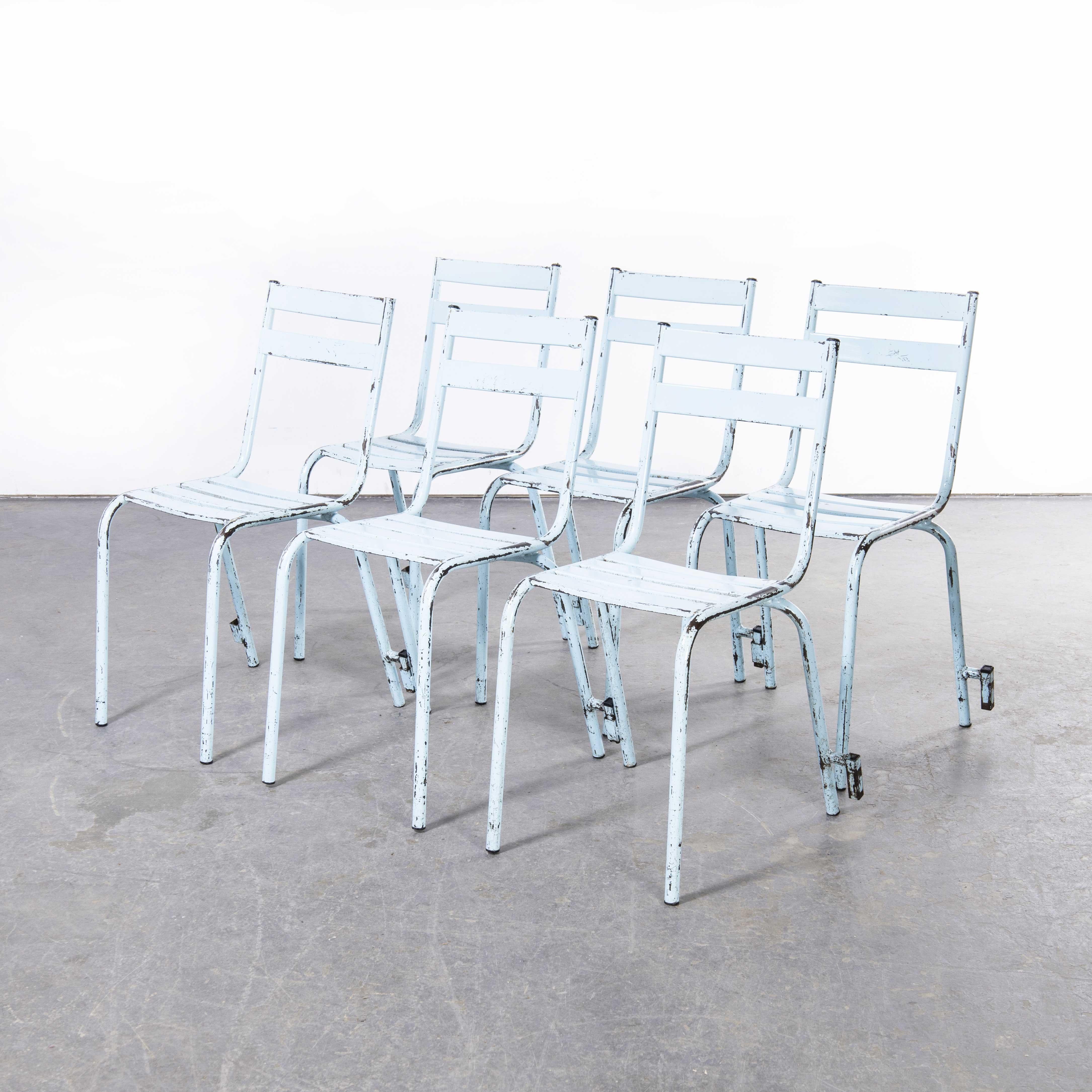 1950s french artprog sky blue metal stacking outdoor chairs – set of six
1950s french artprog sky blue metal stacking outdoor chairs – set of six. Reminiscent of Tolix but not made by Tolix, artprog was a producer in gray in haute saone. Sometimes