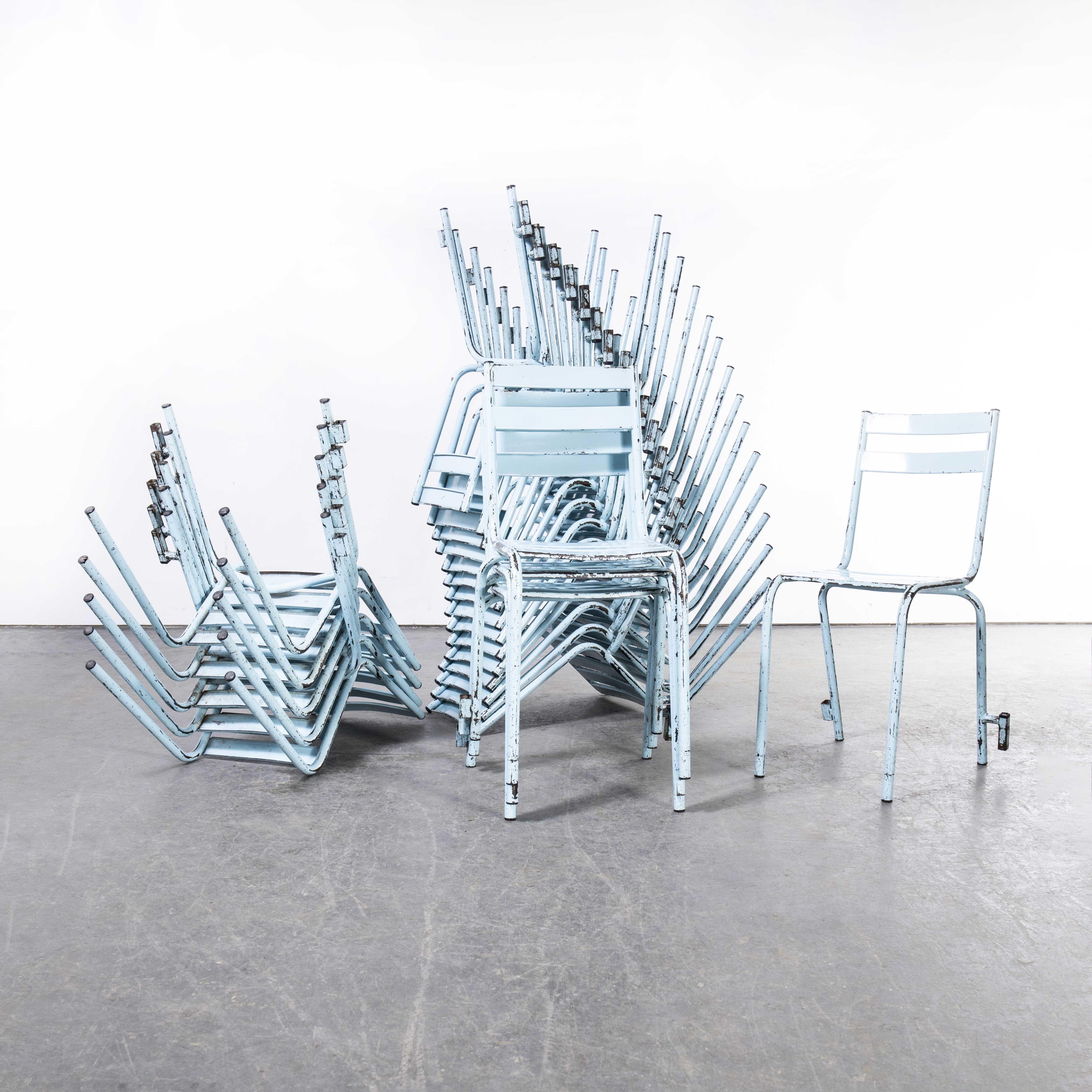 1950s French ArtProg sky blue metal stacking outdoor chairs – various quantities available
1950s French ArtProg sky blue metal stacking outdoor chairs -various quantities available. Reminiscent of Tolix but not made by Tolix, ArtProg was a producer