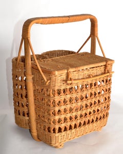1950er Jahre Französisch Bambus Wicker 2 Weinflasche Picknickkorb Bohemian Chic Mid-Century