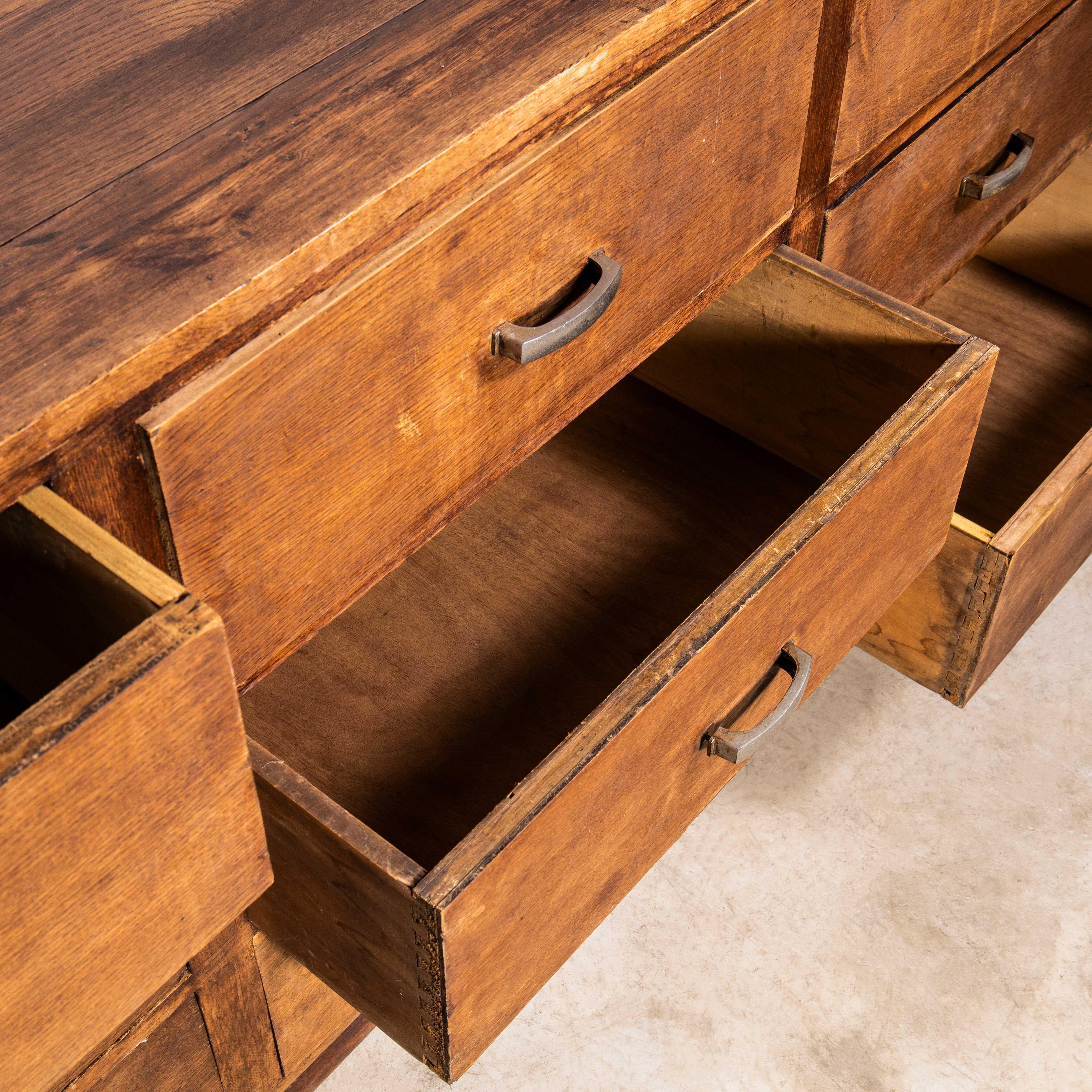 1950’s French Bank Of Shop Drawers – Nine Drawers. 

Good simple set of drawers from a 50’s drapers shop. The carcass is made from solid beech, the top, and drawer fronts from a mix of birch and beech. The cabinet is well made and a good practical