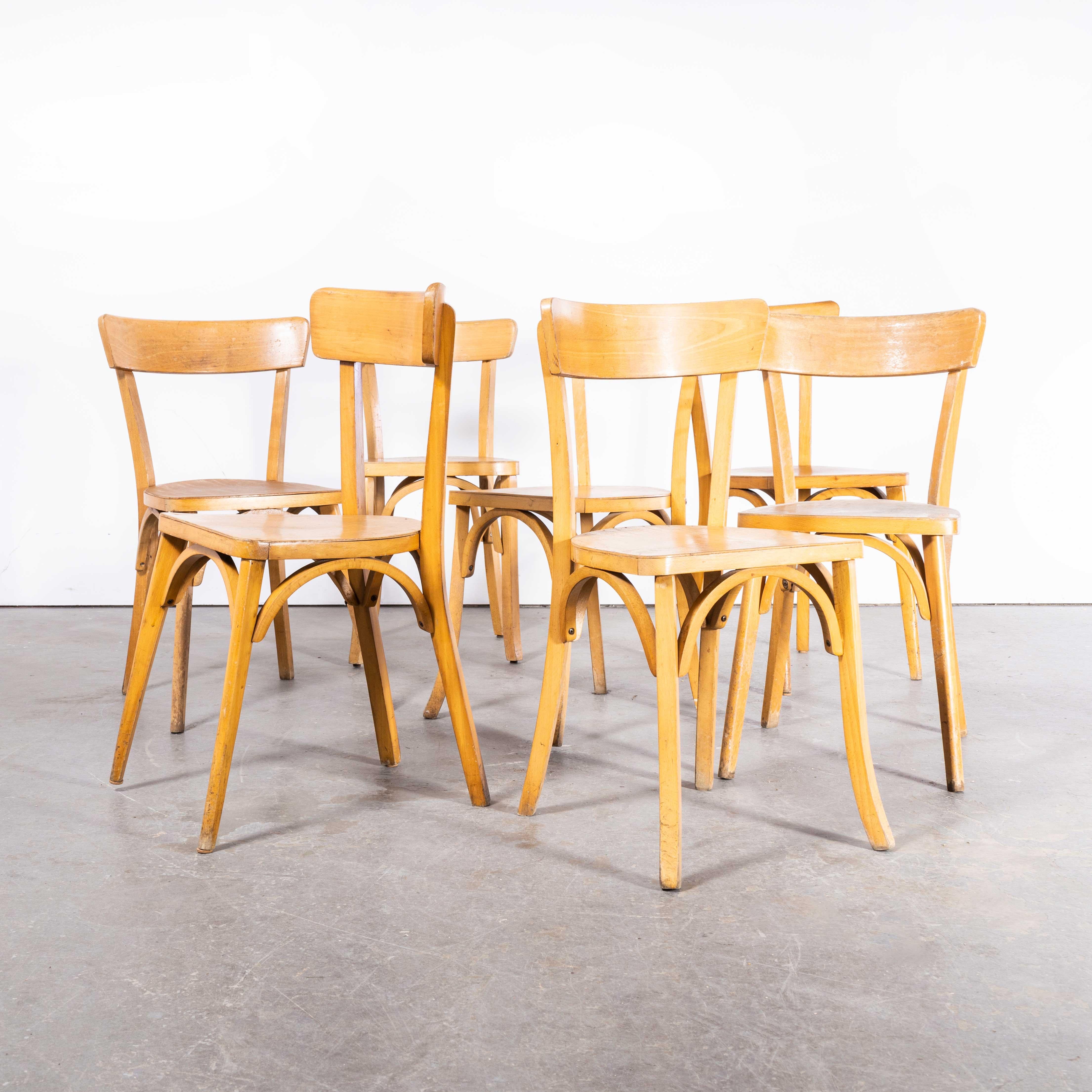 Mid-20th Century 1950s French Baumann Blonde Beech Bentwood Dining Chairs, Set of Seven For Sale
