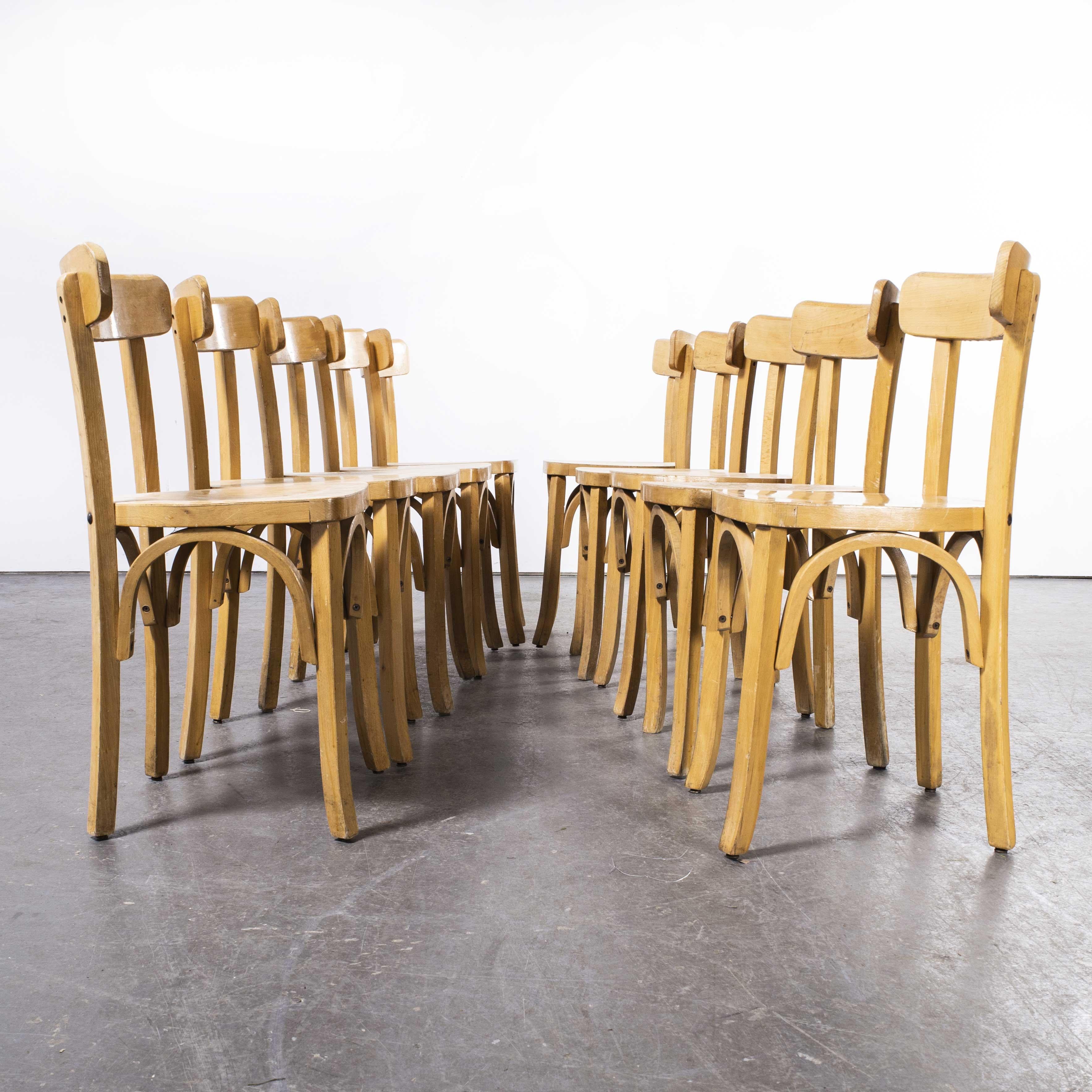 1950’s French Baumann blonde beech bentwood dining chairs – set of ten (Model 1405)

1950’s French Baumann blonde beech bentwood dining chairs – set of ten (Model 1405). Baumann is a slightly off the radar French producer just starting to gain