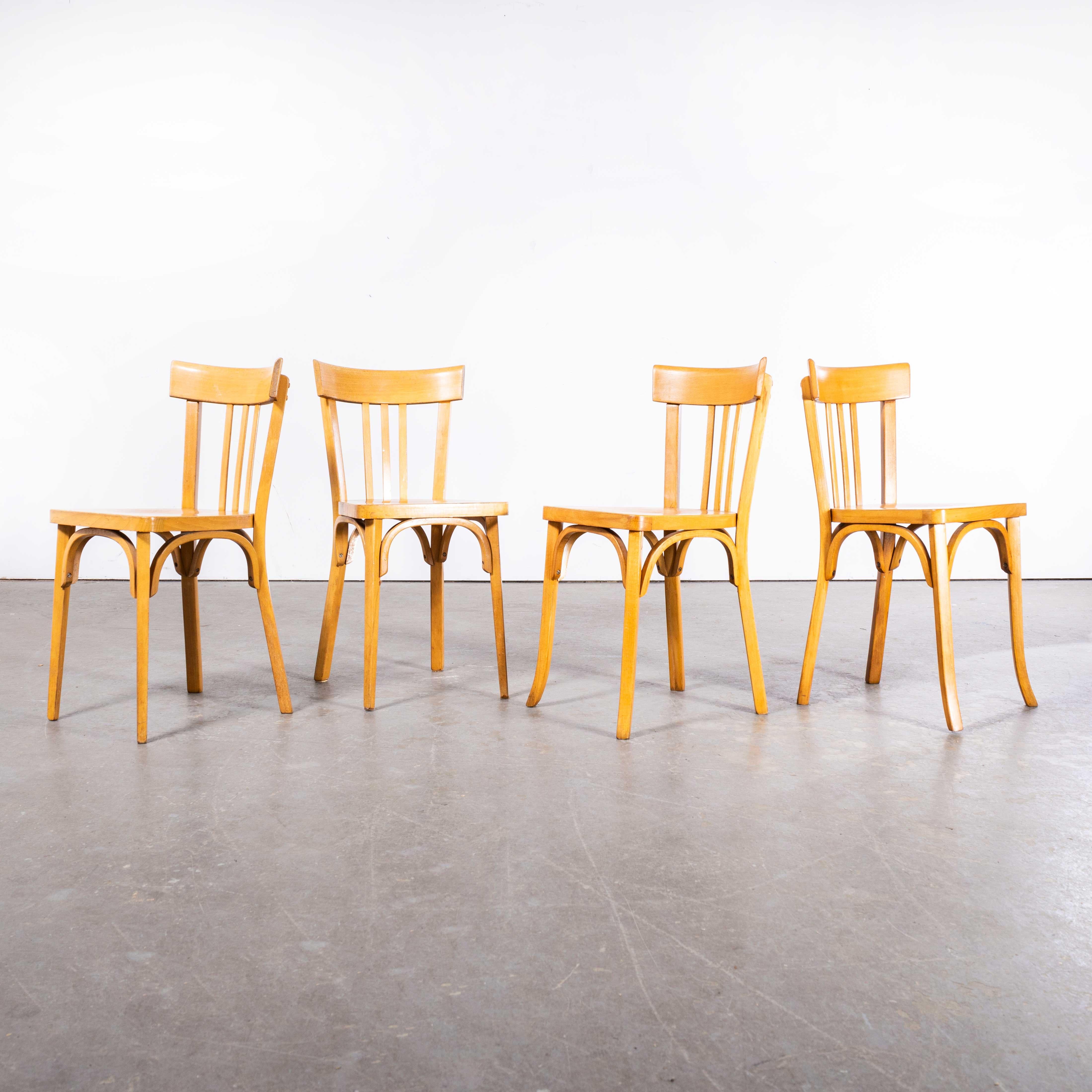 1950s French Baumann Blonde Beech Tri Back Bentwood Dining Chairs - Set of Four In Good Condition For Sale In Hook, Hampshire