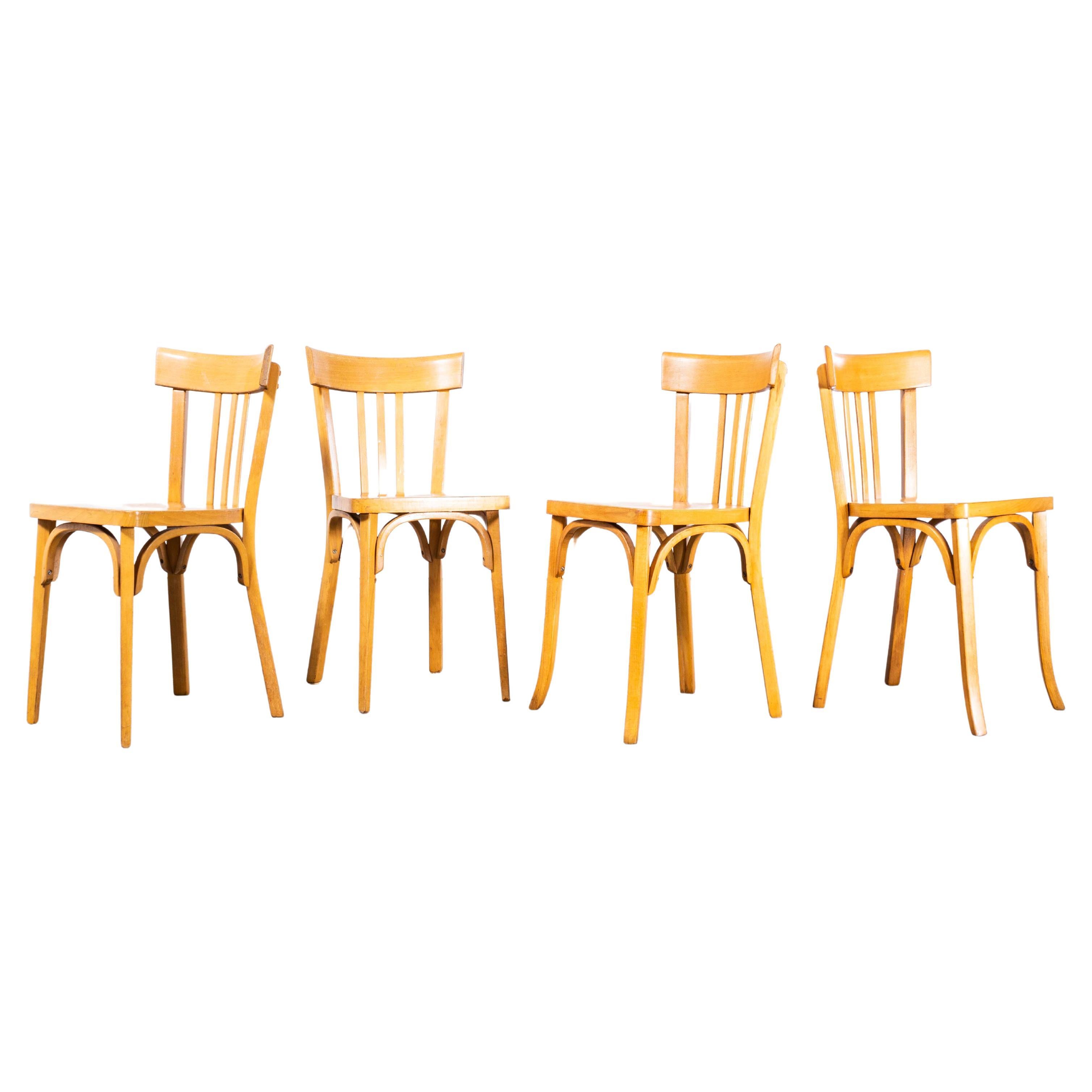 1950s French Baumann Blonde Beech Tri Back Bentwood Dining Chairs - Set of Four For Sale