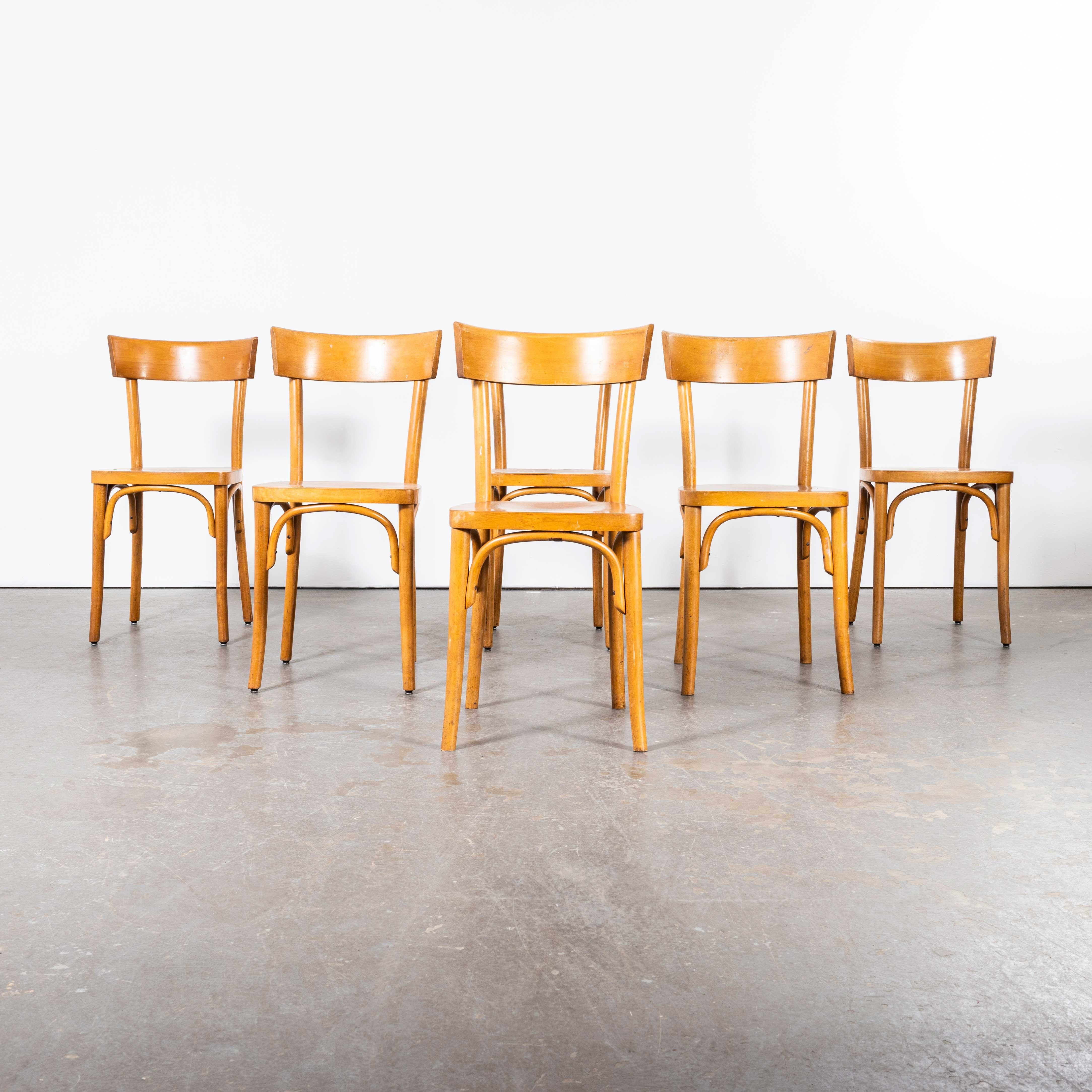 1950's French Baumann Blonde Edge Back Bentwood Chairs - Set Of Twenty Two In Good Condition For Sale In Hook, Hampshire