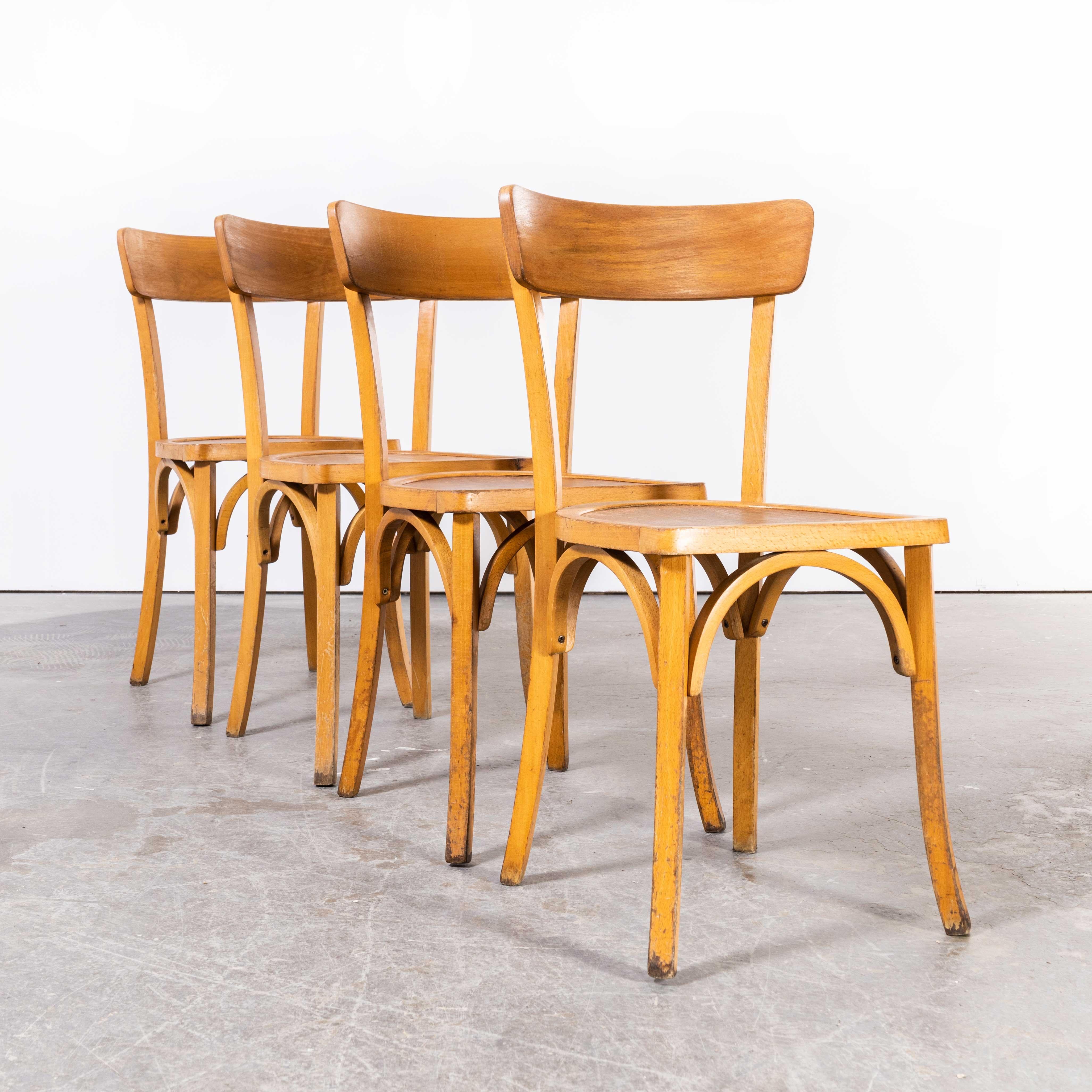 Mid-20th Century 1950's French Baumann Blonde Kick Leg Bentwood Dining Chairs, Set of Four For Sale