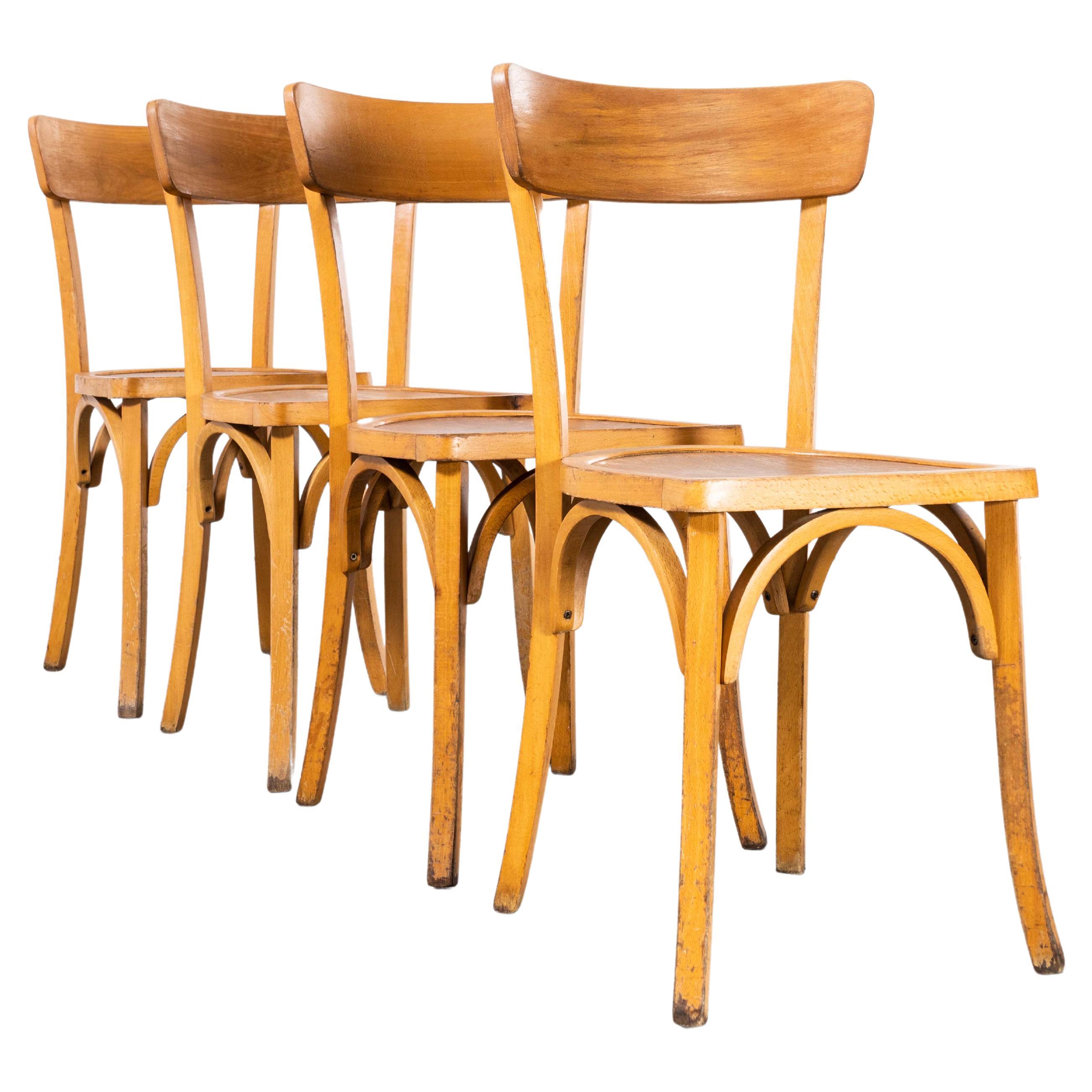 1950's French Baumann Blonde Kick Leg Bentwood Dining Chairs, Set of Four For Sale