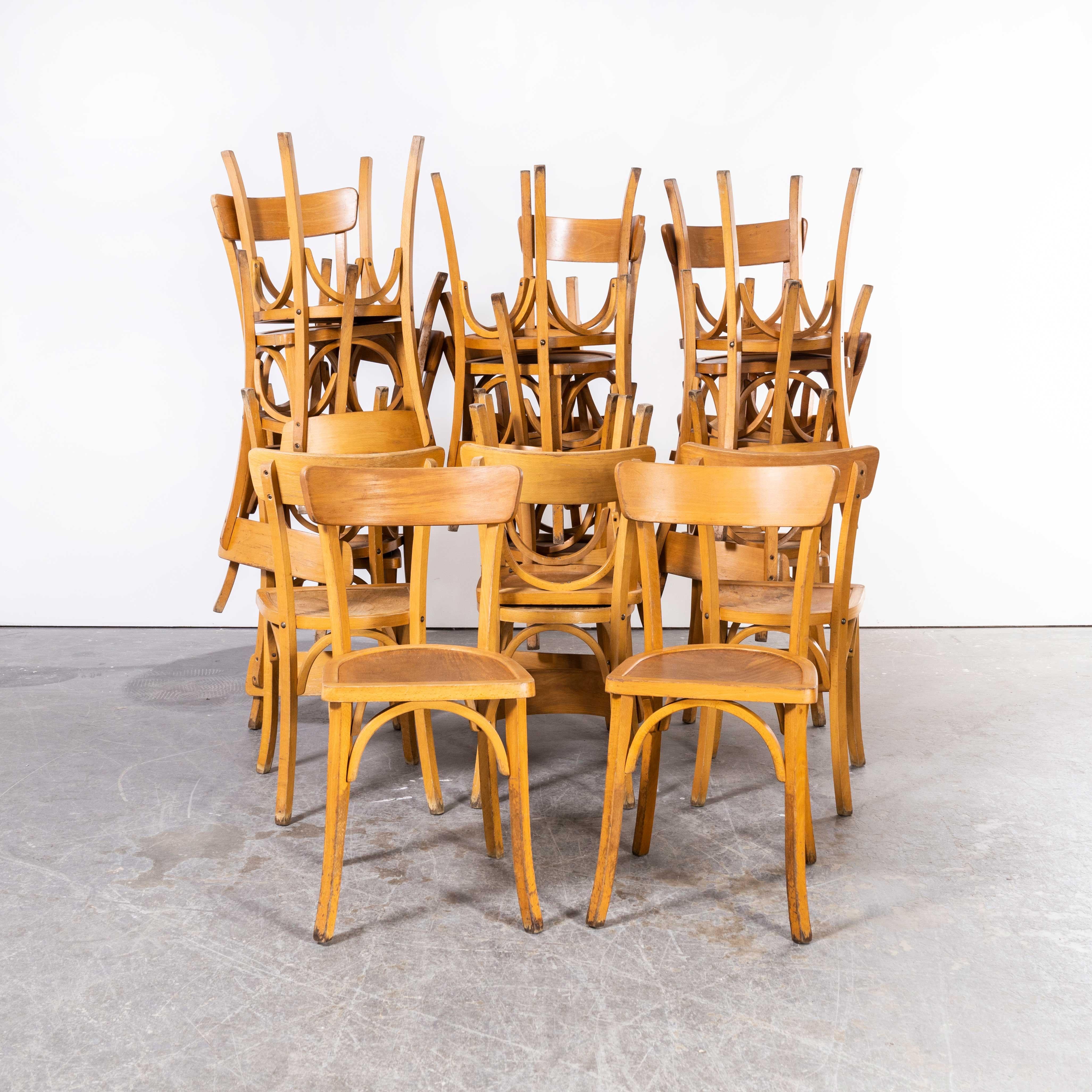 1950's French Baumann Blonde Kick Leg Bentwood Dining Chairs, Various Quantitie In Good Condition For Sale In Hook, Hampshire