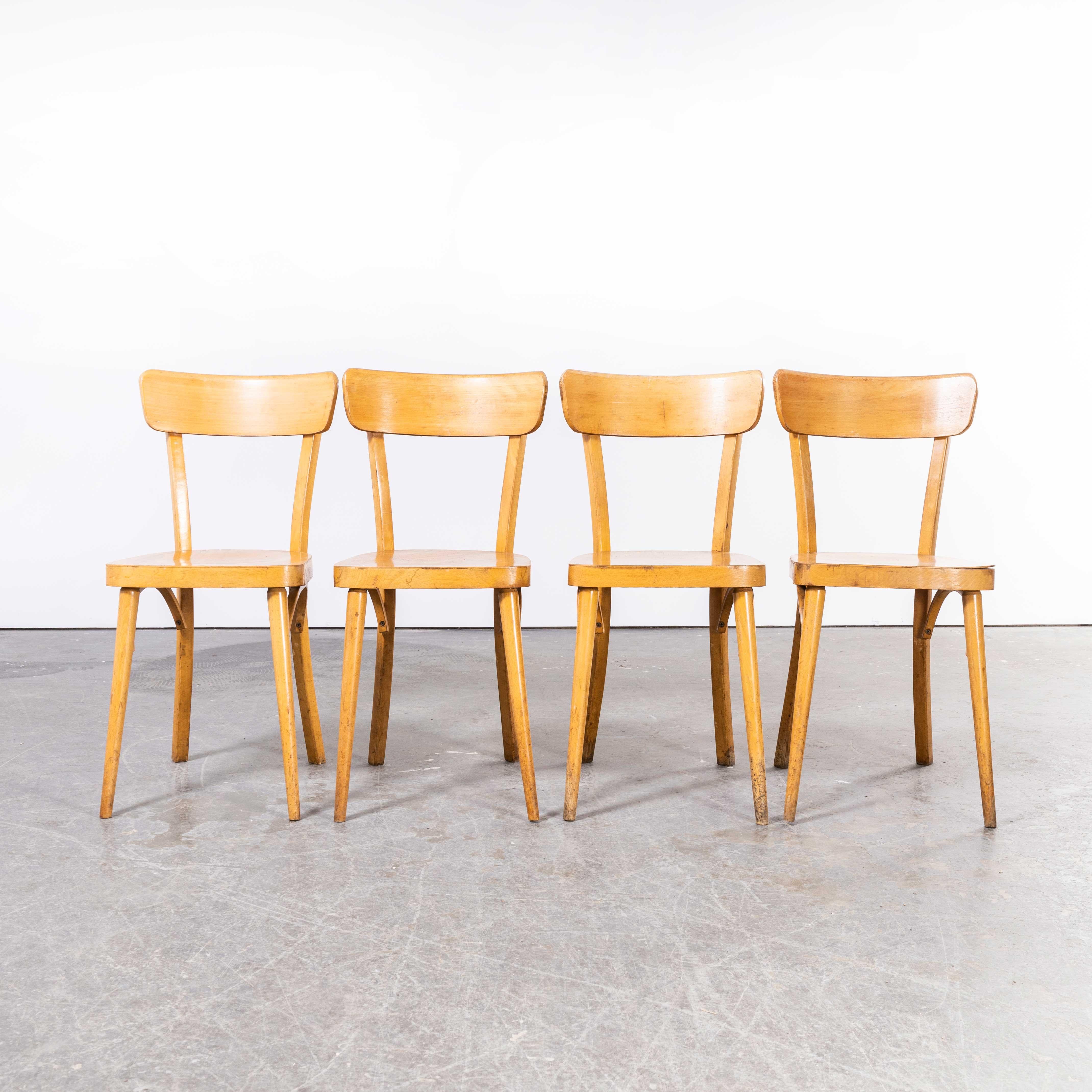 Mid-20th Century 1950's French Baumann Blonde Round Leg Bentwood Dining Chairs, Set of Four For Sale