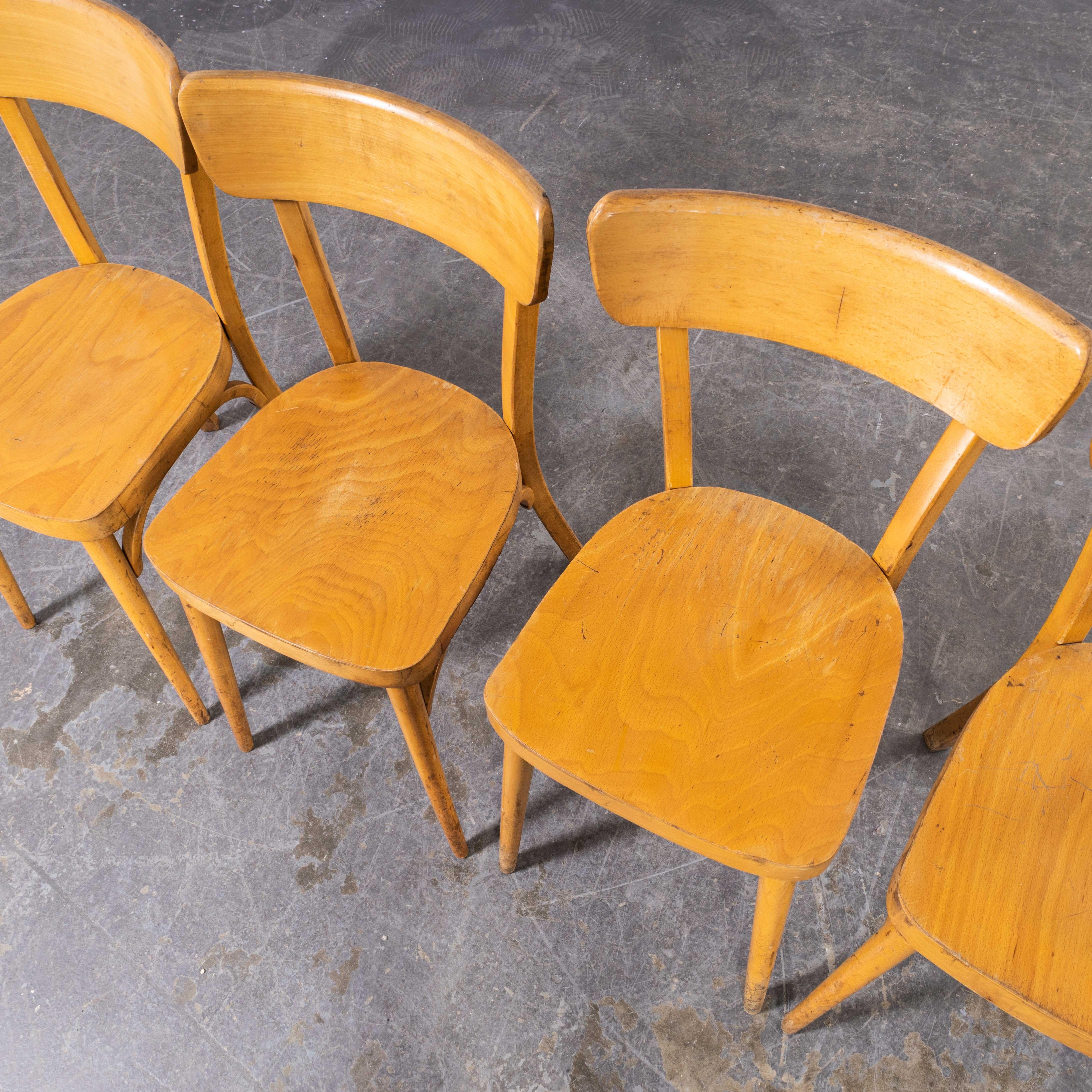 1950's French Baumann Blonde Round Leg Bentwood Dining Chairs, Set of Four For Sale 1