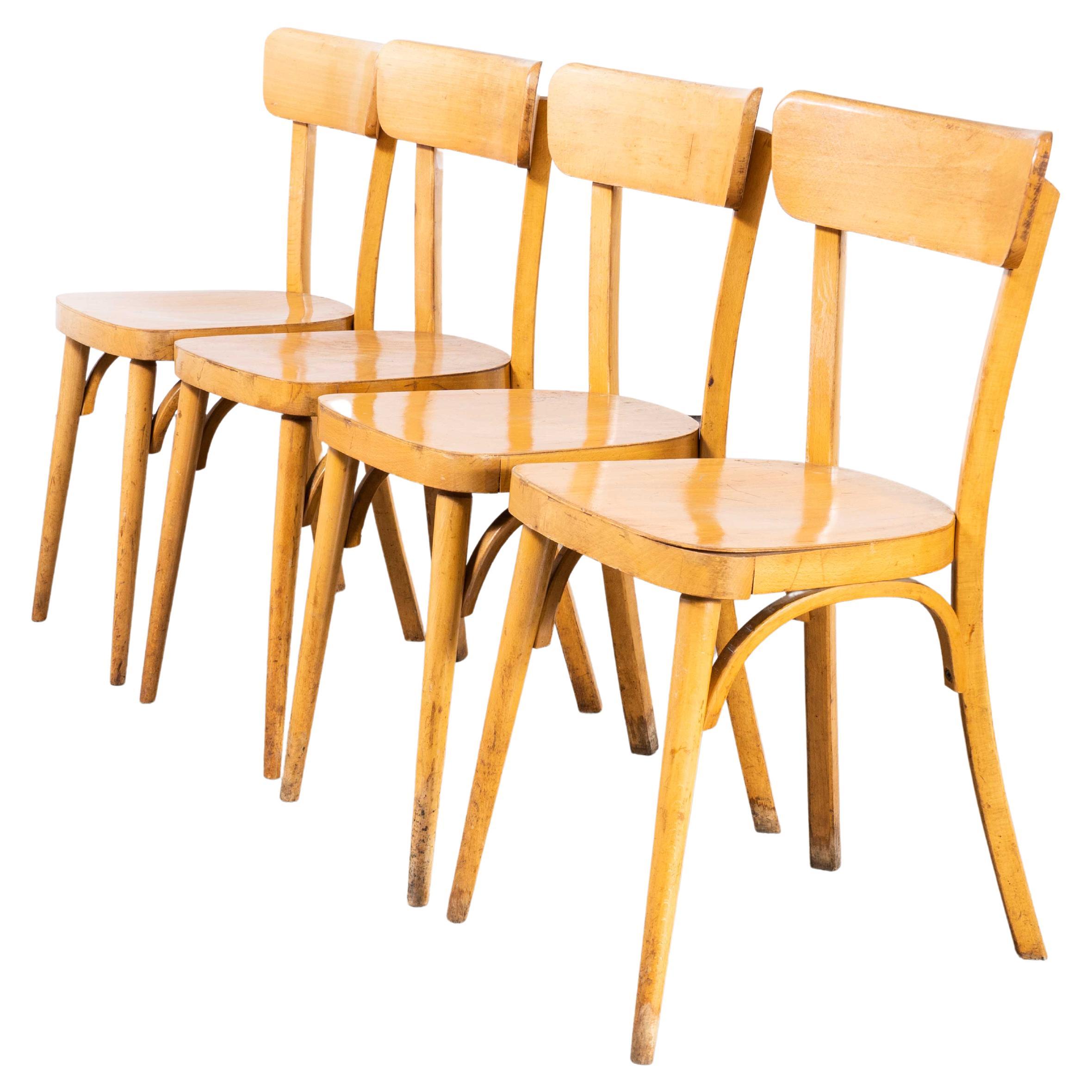 1950's French Baumann Blonde Round Leg Bentwood Dining Chairs, Set of Four