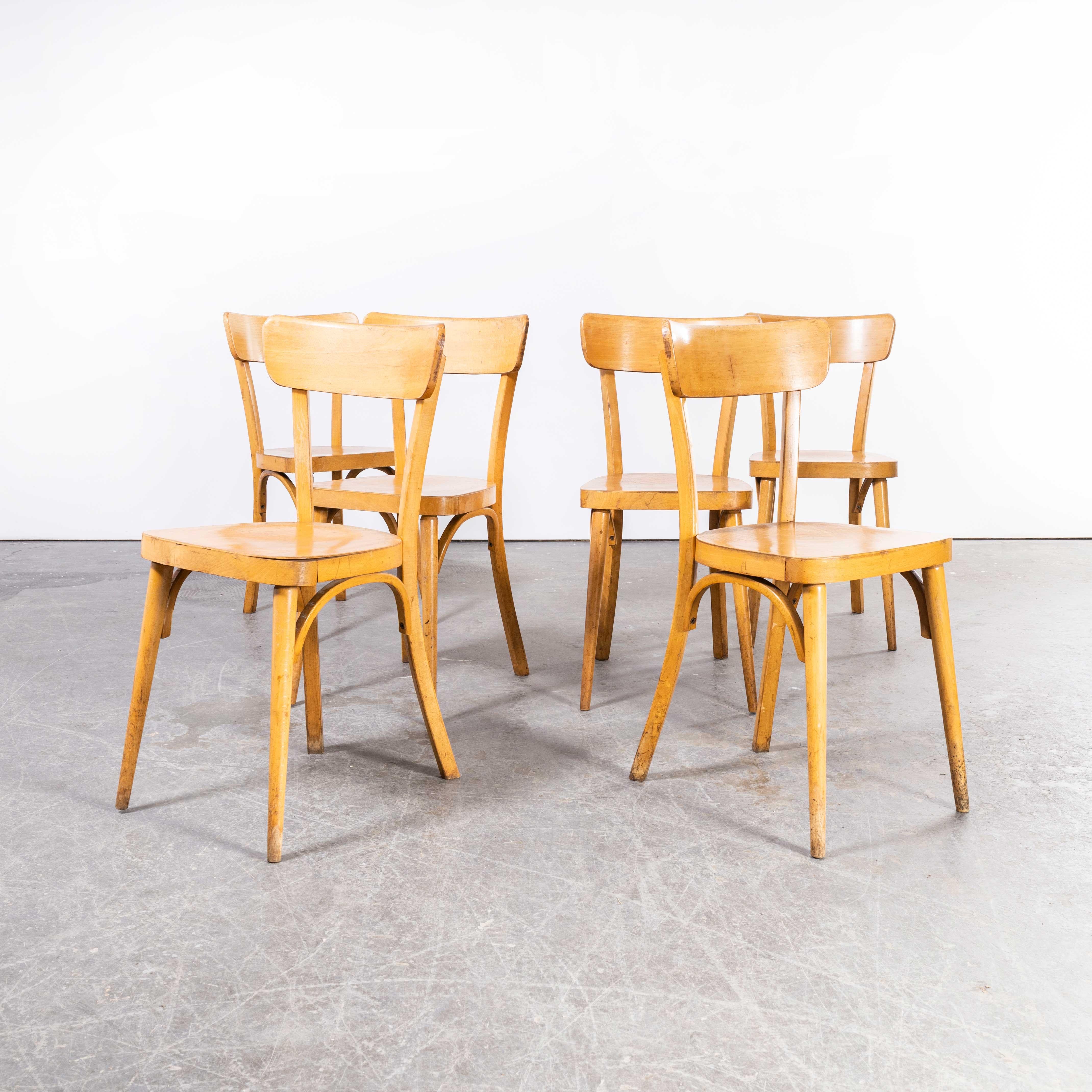 1950's French Baumann Blonde Round Leg Bentwood Dining Chairs, Set of Six In Good Condition For Sale In Hook, Hampshire