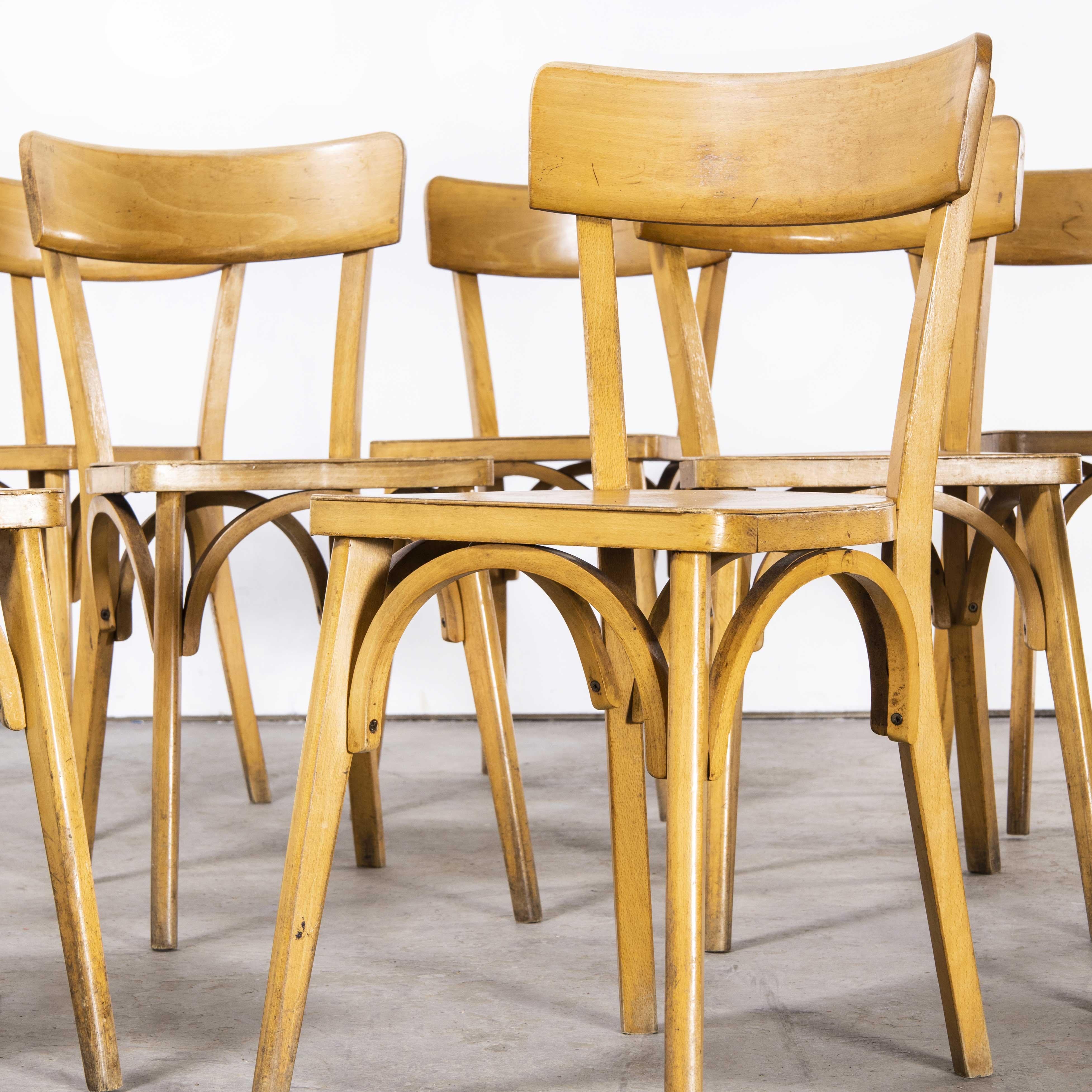 1950's French Baumann Blonde Slim Back Bentwood Chairs, Harlequin Set of Nine In Good Condition For Sale In Hook, Hampshire