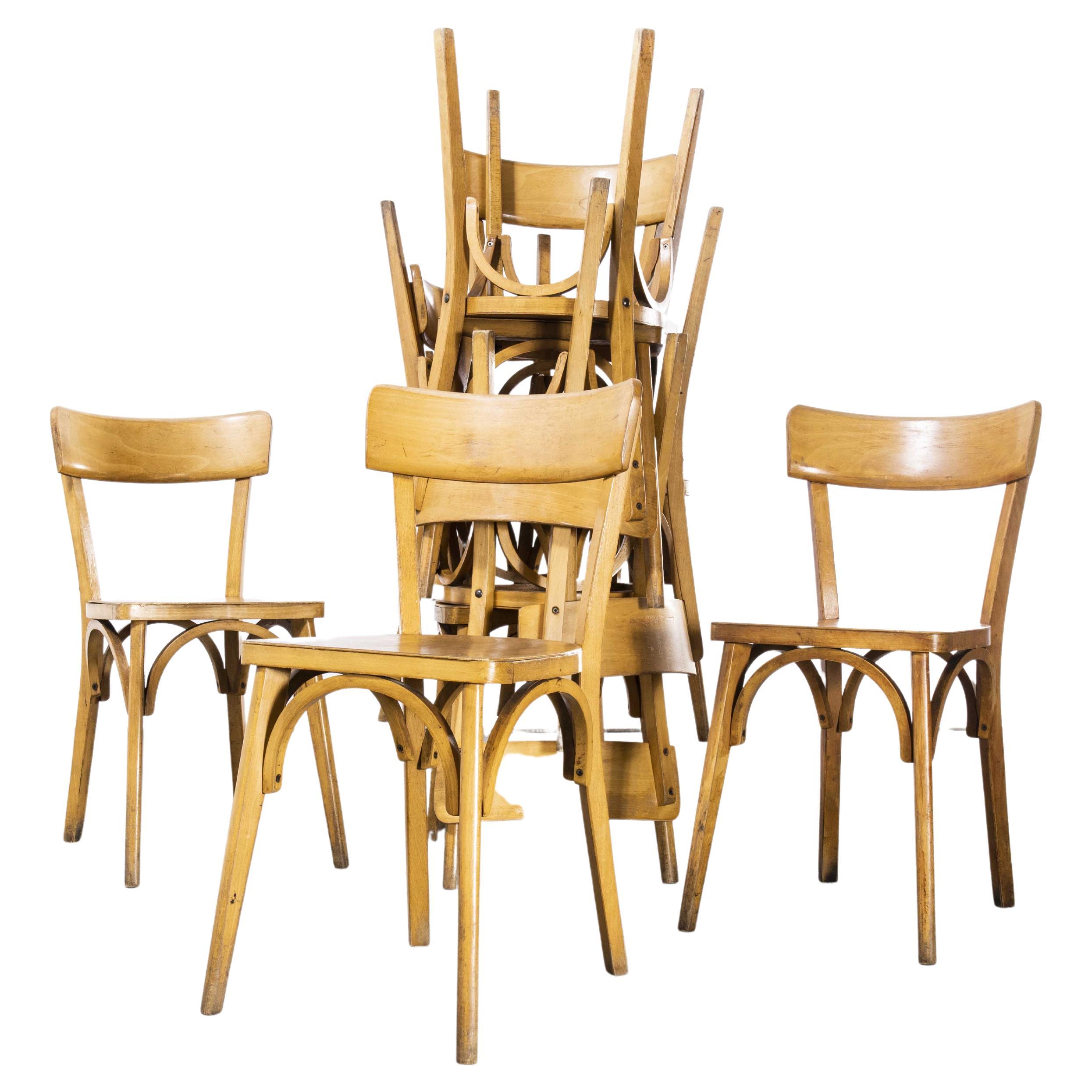 1950's French Baumann Blonde Slim Back Bentwood Chairs, Harlequin Set of Nine For Sale