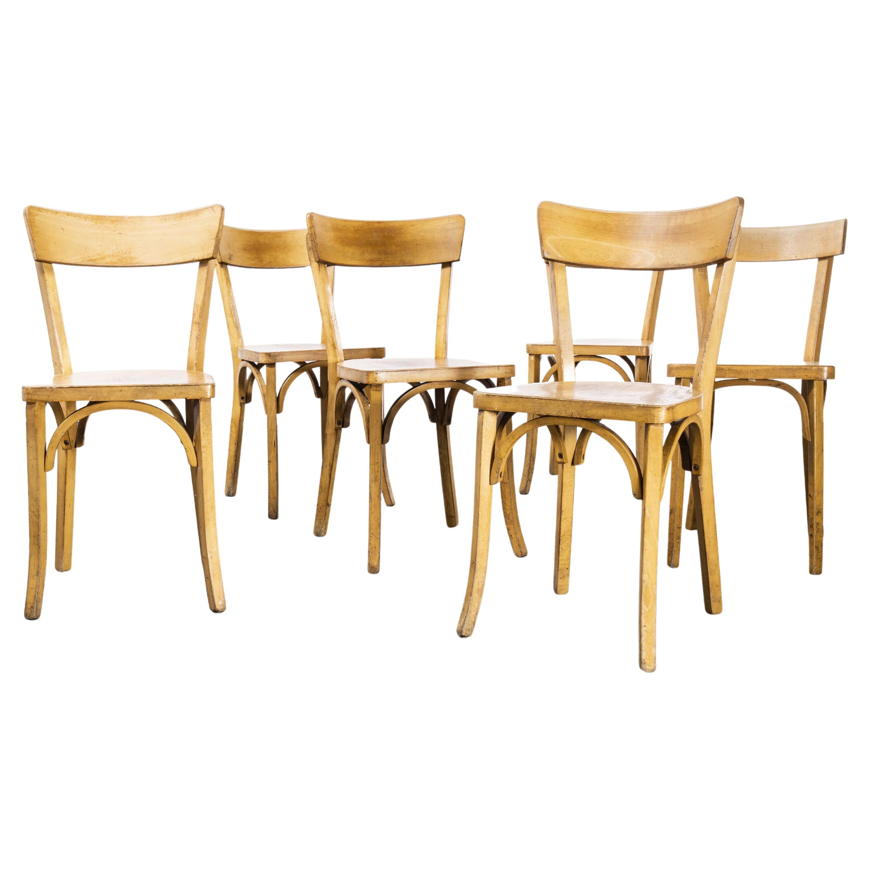 Ensemble de six chaises Baumann en bois cintré à dossier mince et blond des années 1950, ensemble à arlequins