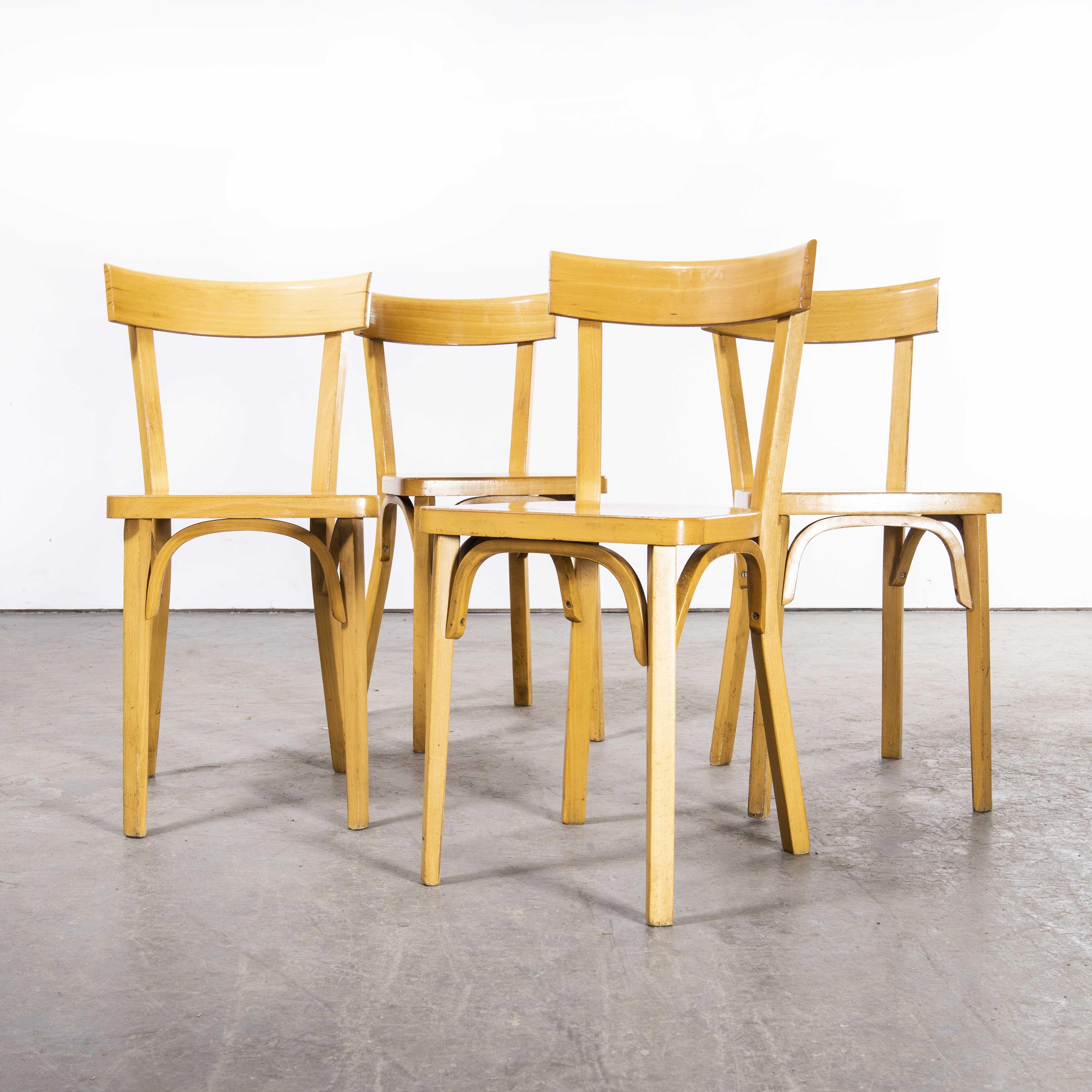 1950’s French Baumann blonde slim back bentwood dining chairs – set of four
1950’s French Baumann blonde slim back bentwood dining chairs – set of four. Baumann is a slightly off the radar French producer just starting to gain traction in the