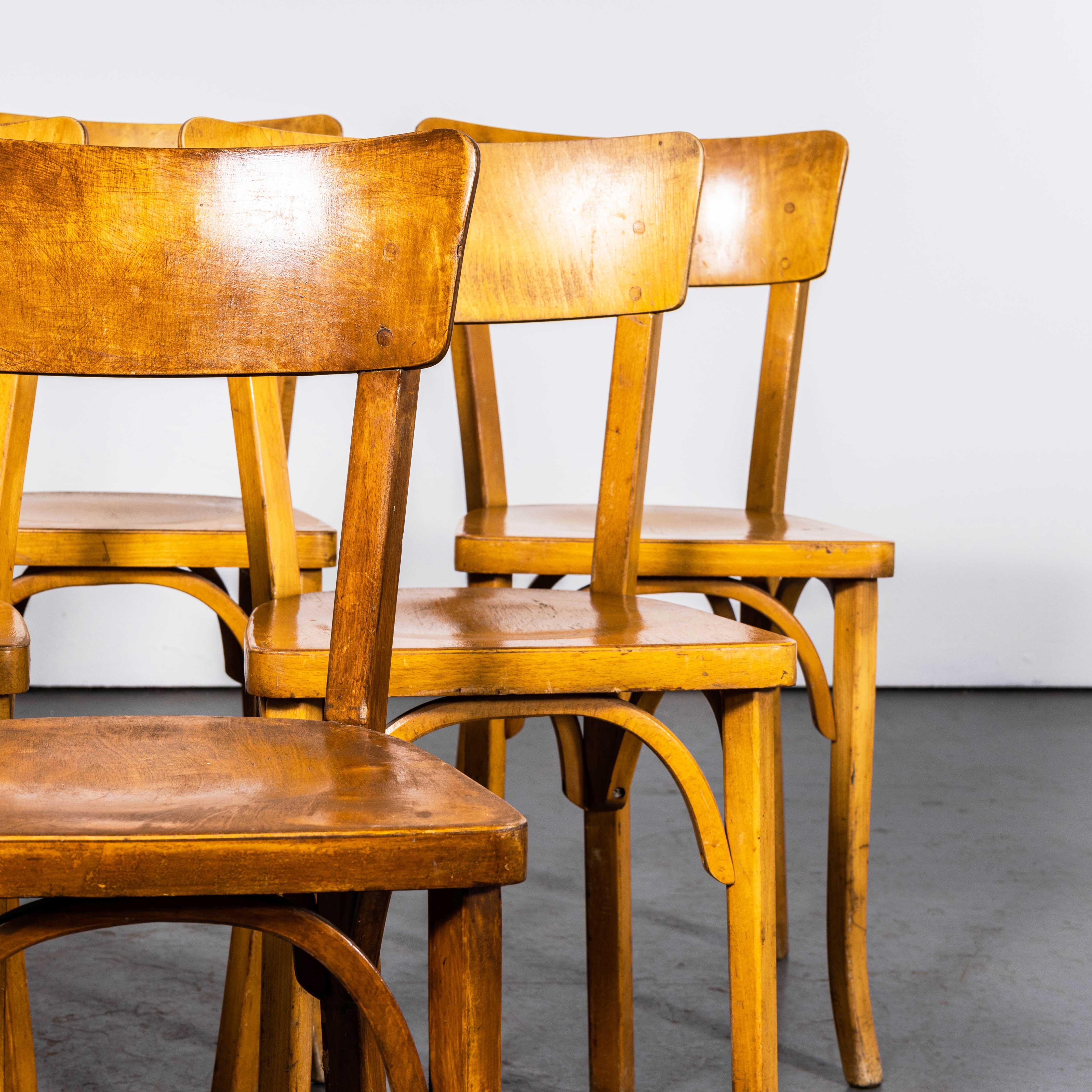 Mid-20th Century 1950's French Baumann Honey Beech Bentwood Dining Chairs - Set Of Six