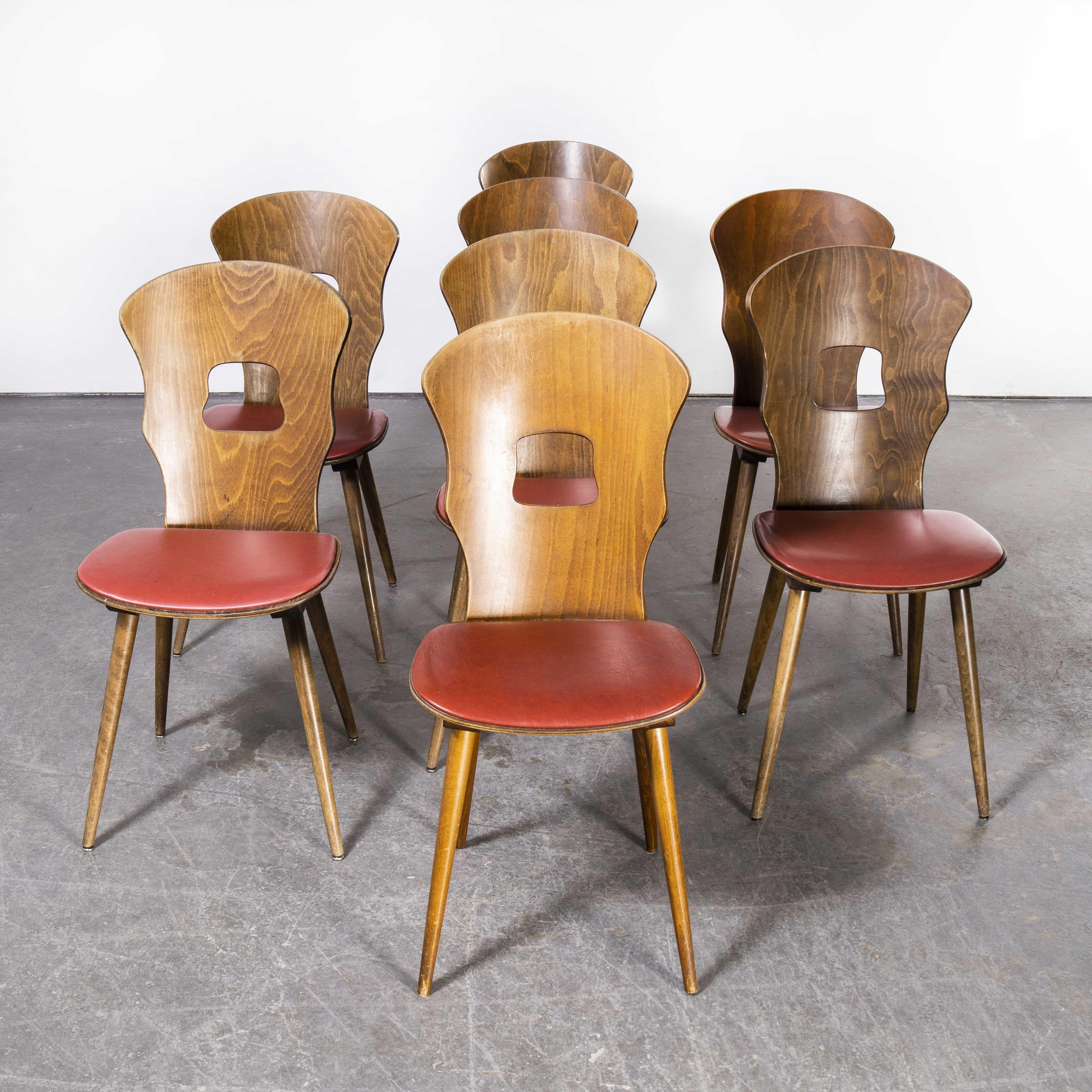 1950’s French Baumann upholstered seat gentiane dining chair – set of eight
1950’s French Baumann upholstered seat gentiane dining chair – set of eight. Classic beech bistro chair made in France by the maker Baumann. Baumann is a slightly off the