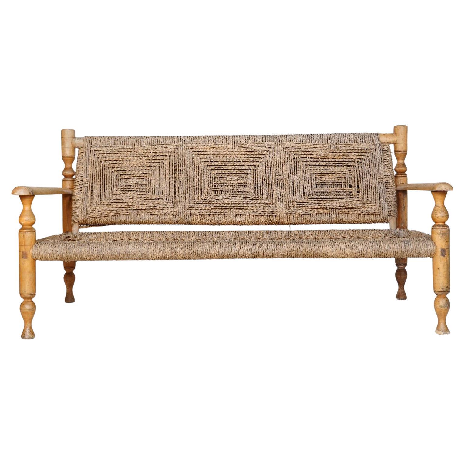 1950's French Bench by Adrien Audoux and Frida Minnet - Hemp Rope Seat 