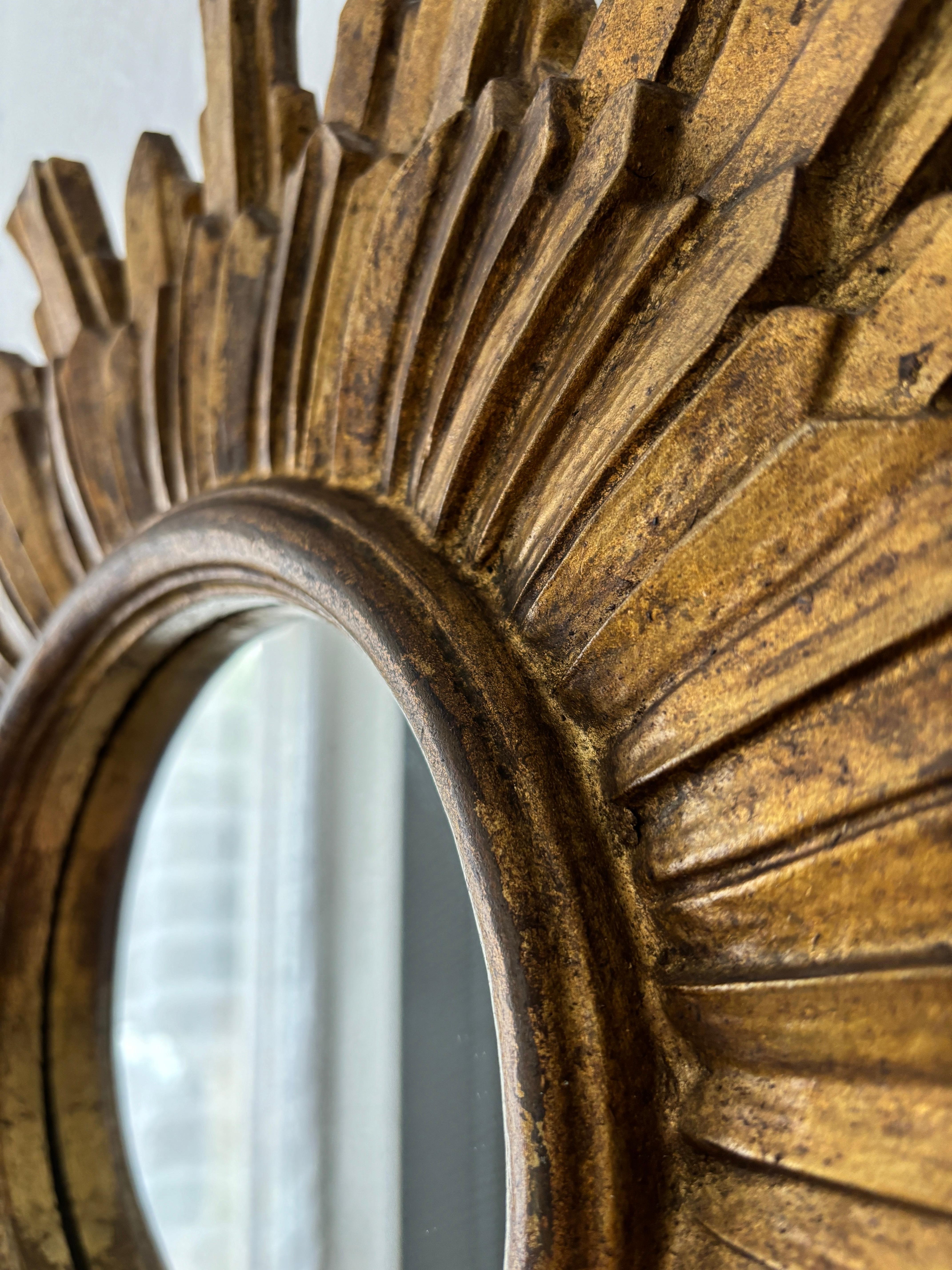 Mid-Century Modern 1950s French Big Double Gold Gilt Wood Sunburst Starburst Mirror Mid-century
