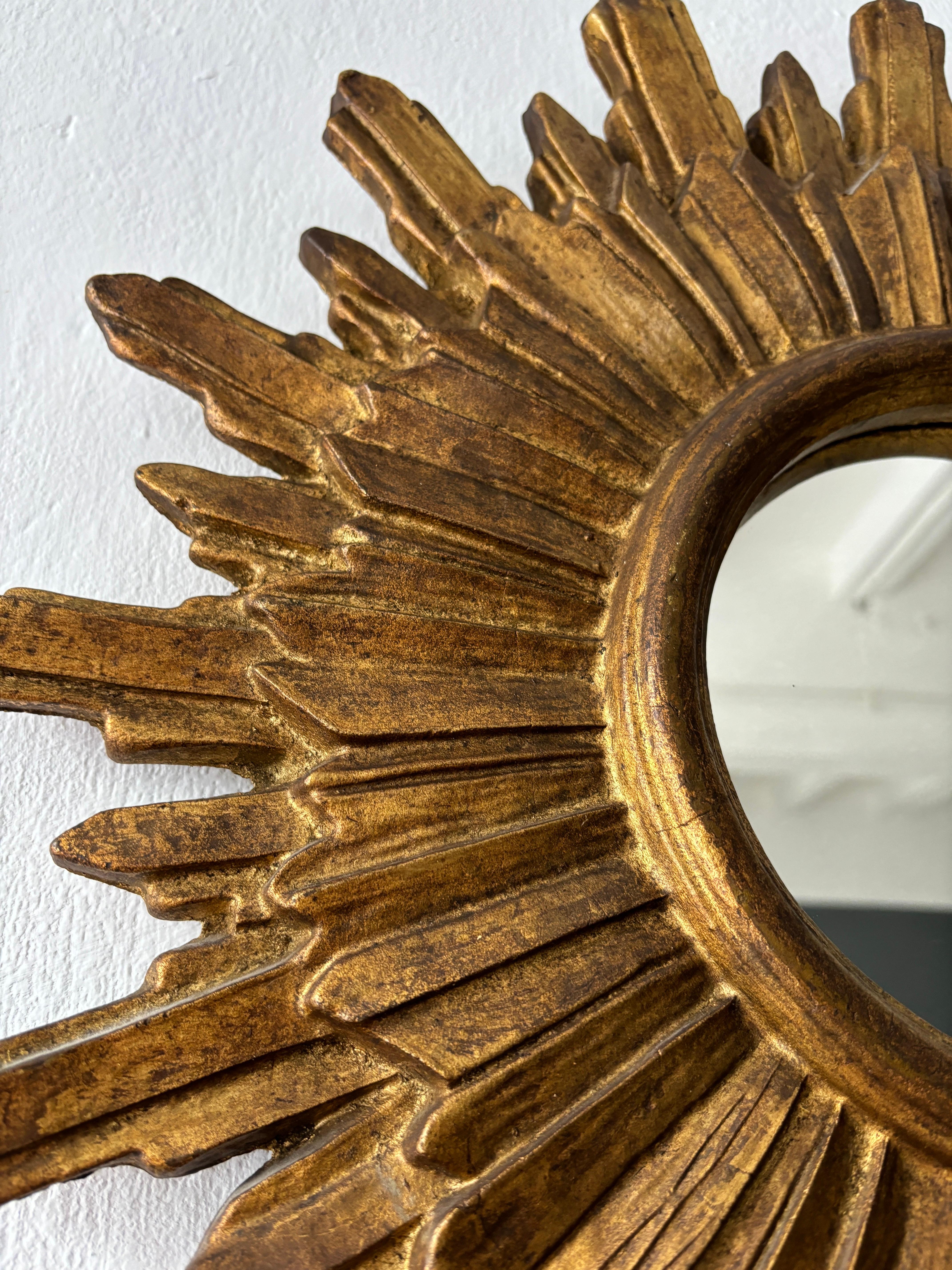 Mid-20th Century 1950s French Big Double Gold Gilt Wood Sunburst Starburst Mirror Mid-century