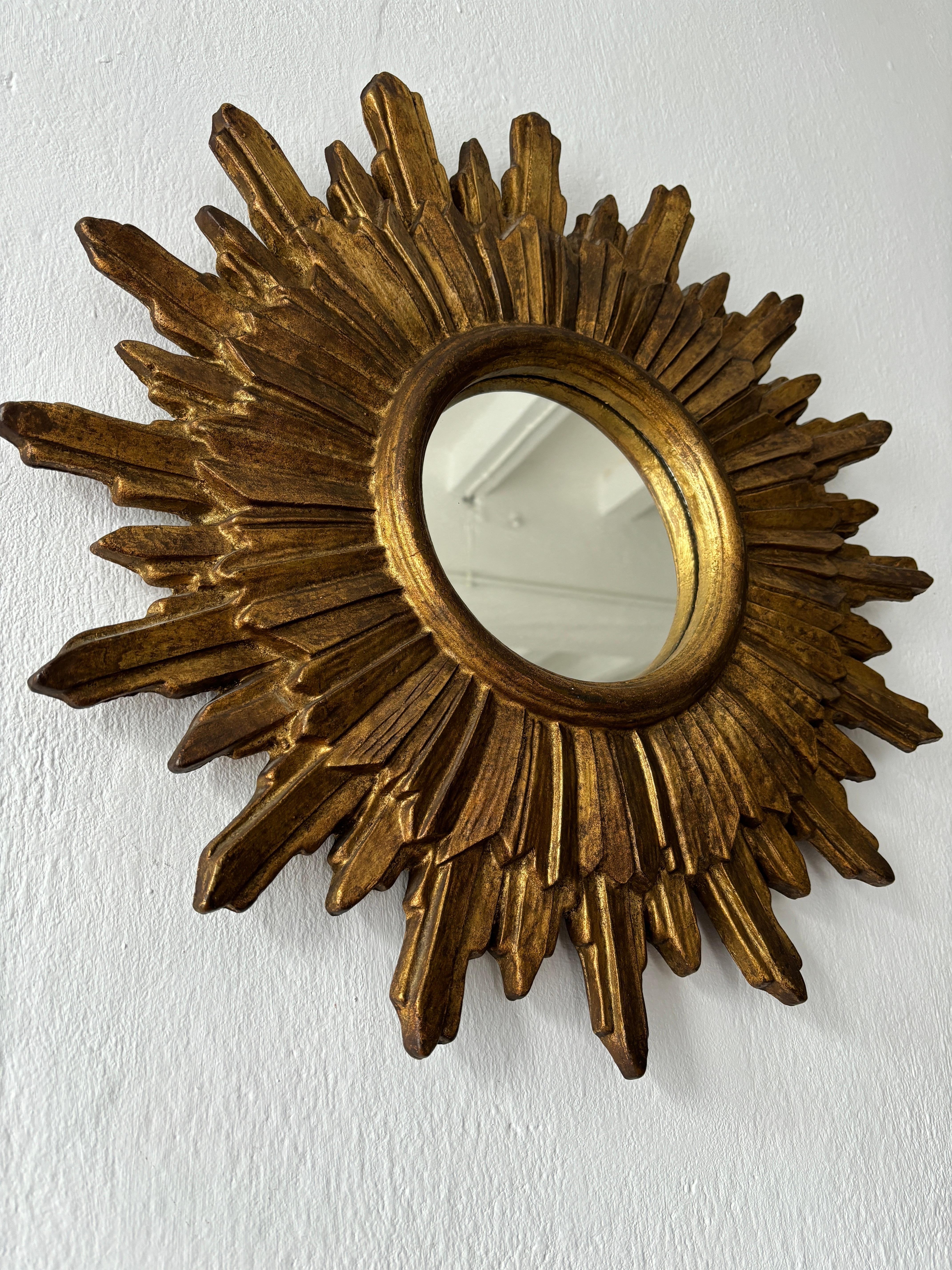 Giltwood 1950s French Big Double Gold Gilt Wood Sunburst Starburst Mirror Mid-century