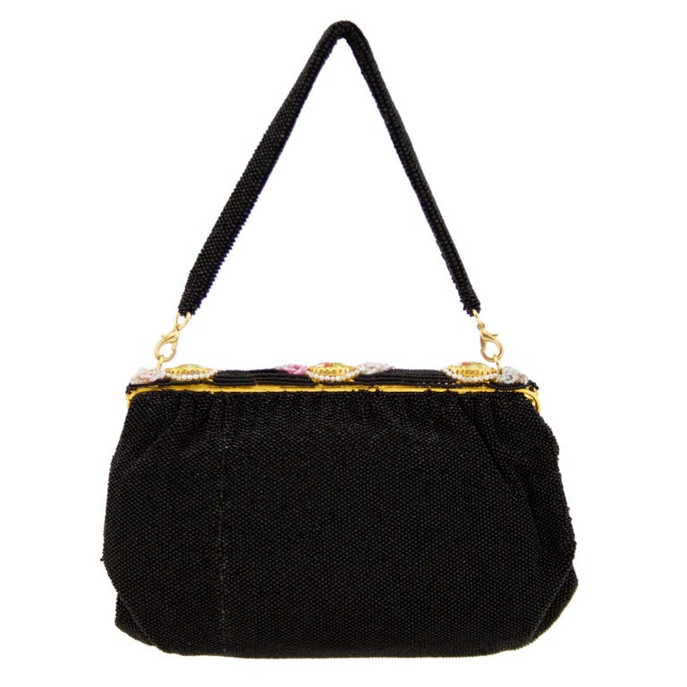 1950's French Black Beaded Evening Bag With Cameos For Sale at 1stDibs