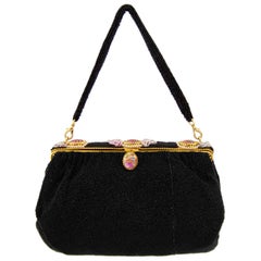 1950's French Black Beaded Evening Bag With Cameos