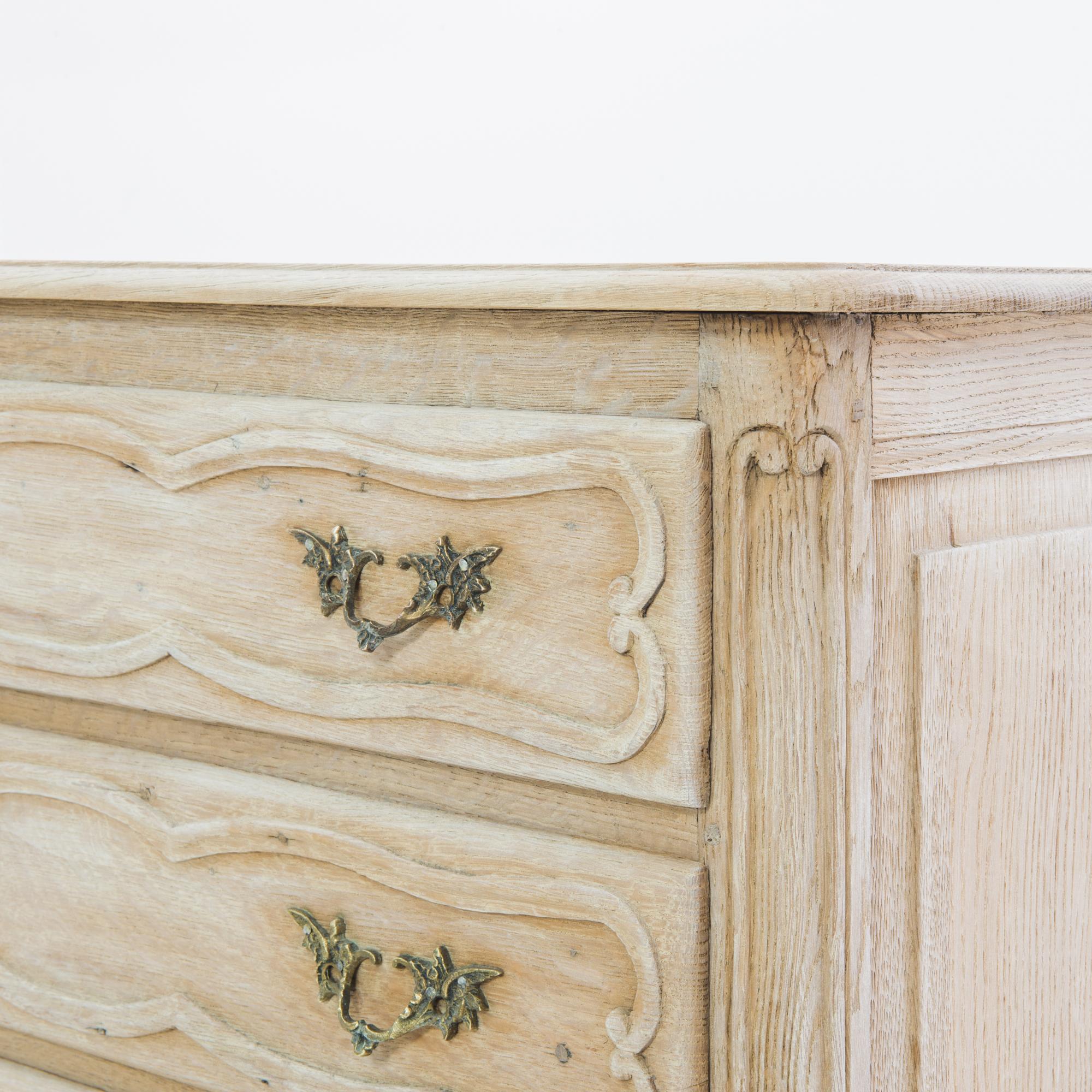 Brass 1950s French Bleached Oak Drawer Chest