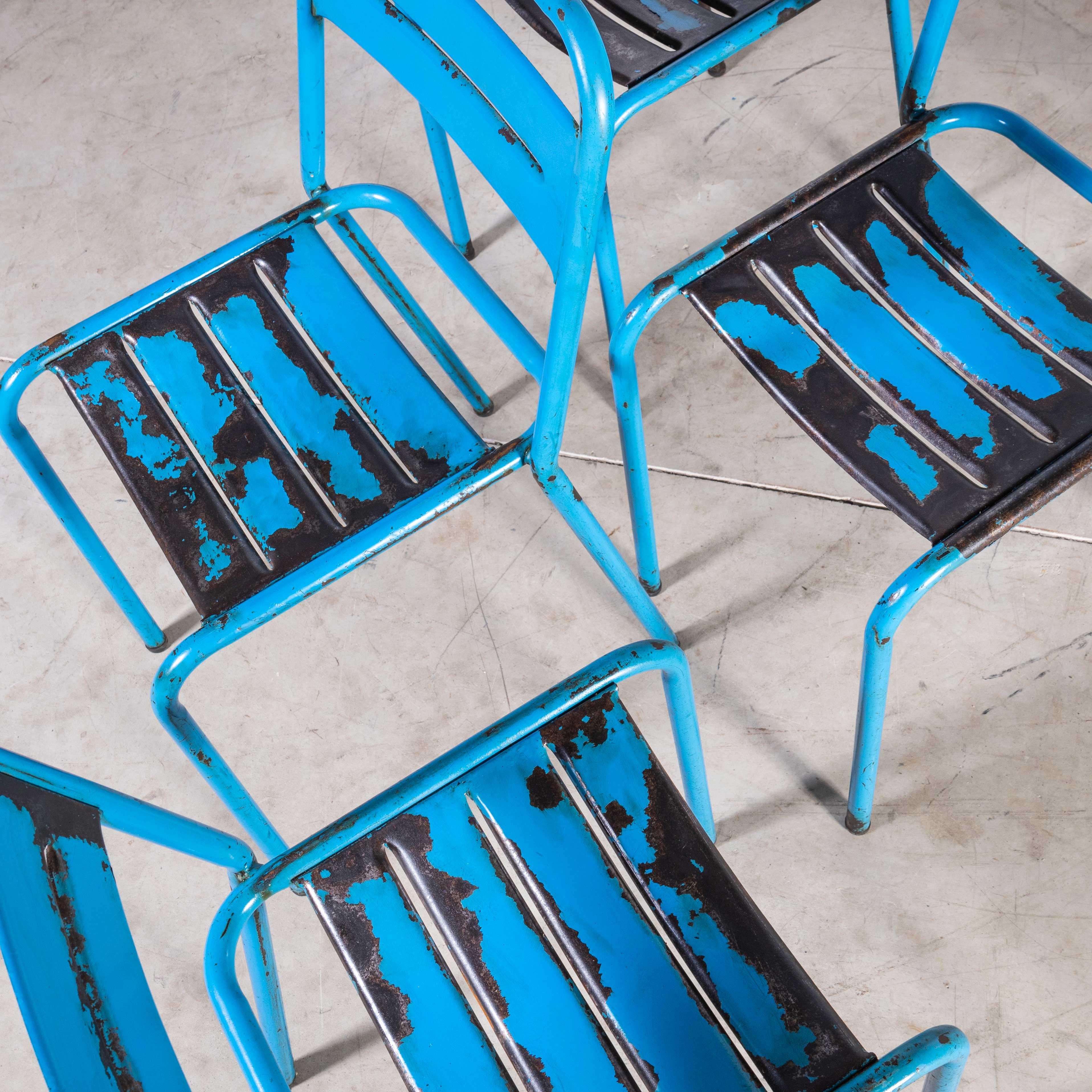 1950's French Blue Metal Stacking Outdoor Chairs, Set of Four 6