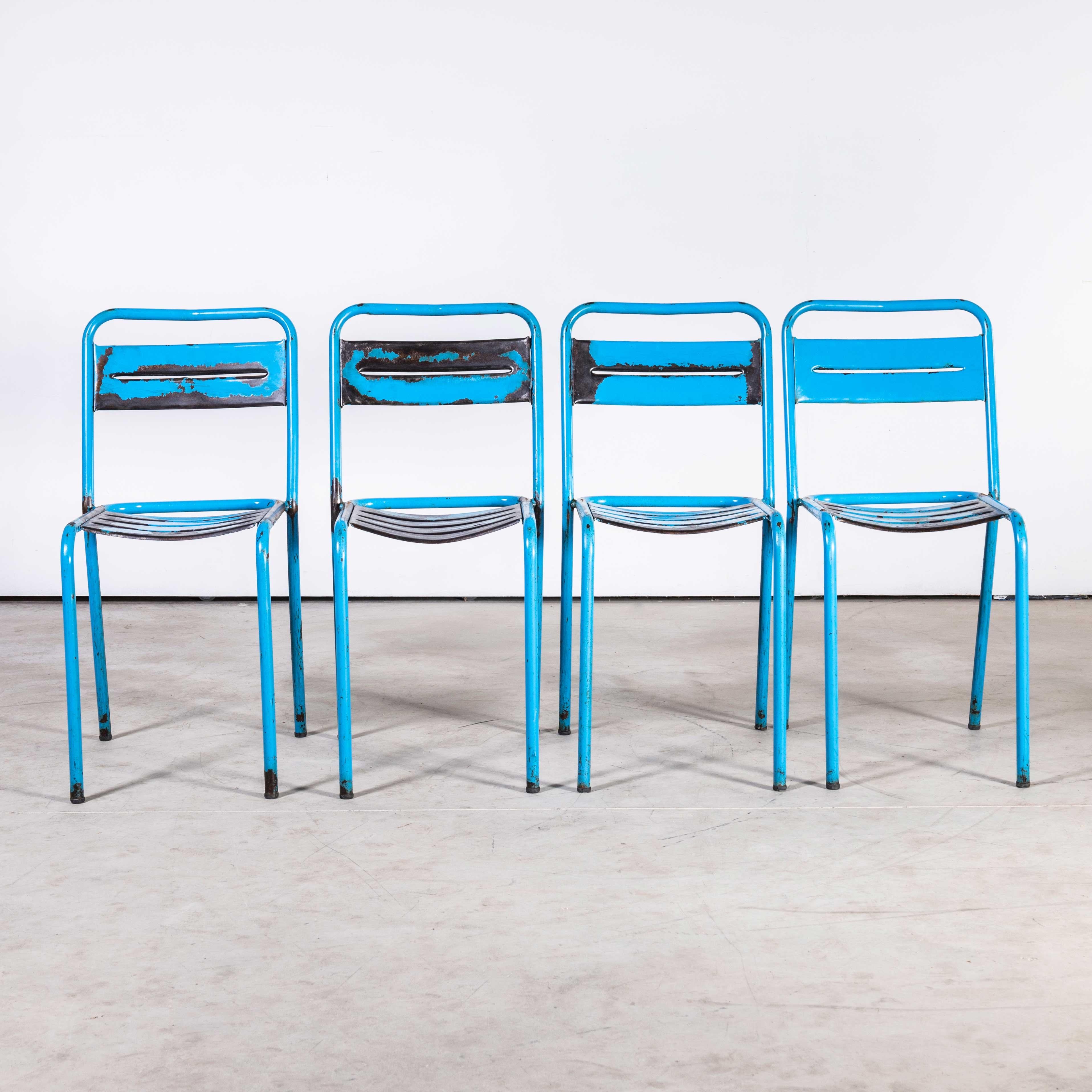 1950’s French blue metal stacking outdoor chairs – set of four
1950’s French blue metal stacking outdoor chairs – set of eight. Reminiscent of Tolix but not made by Tolix, this style of chair was industrially produced in the 1950’s by various