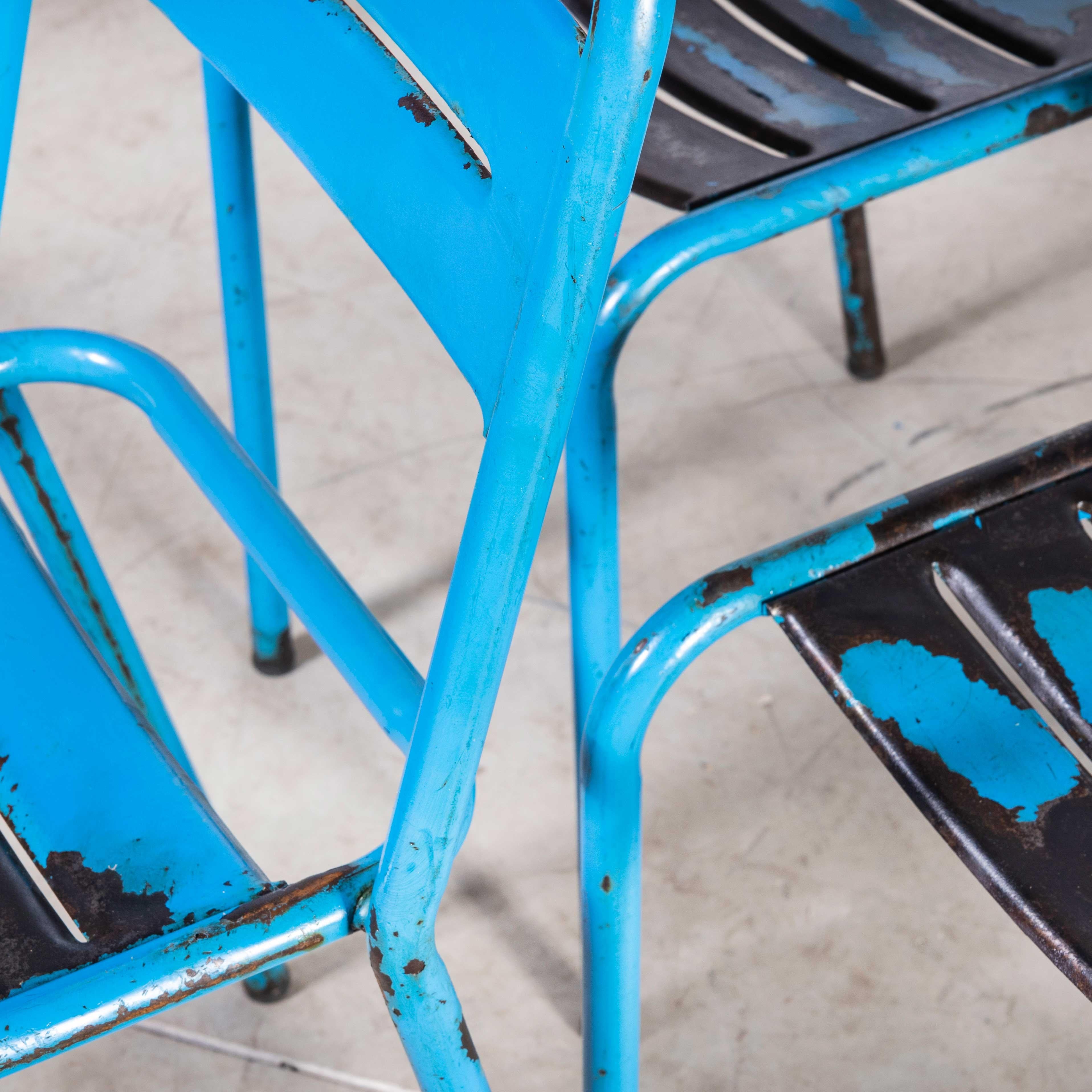 1950's French Blue Metal Stacking Outdoor Chairs, Set of Four 2