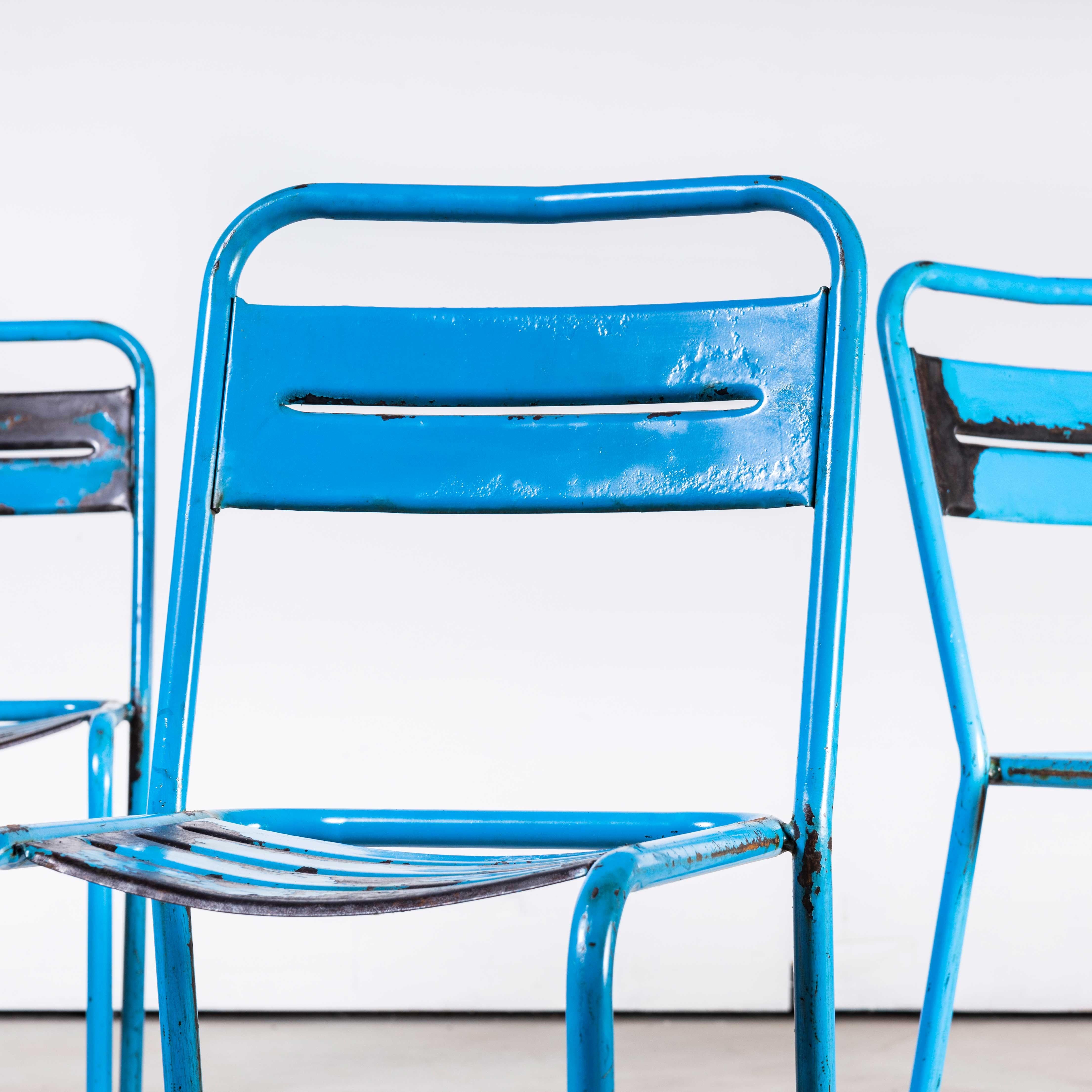 1950's French Blue Metal Stacking Outdoor Chairs, Set of Four 4