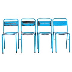 1950's French Blue Metal Stacking Outdoor Chairs, Set of Four
