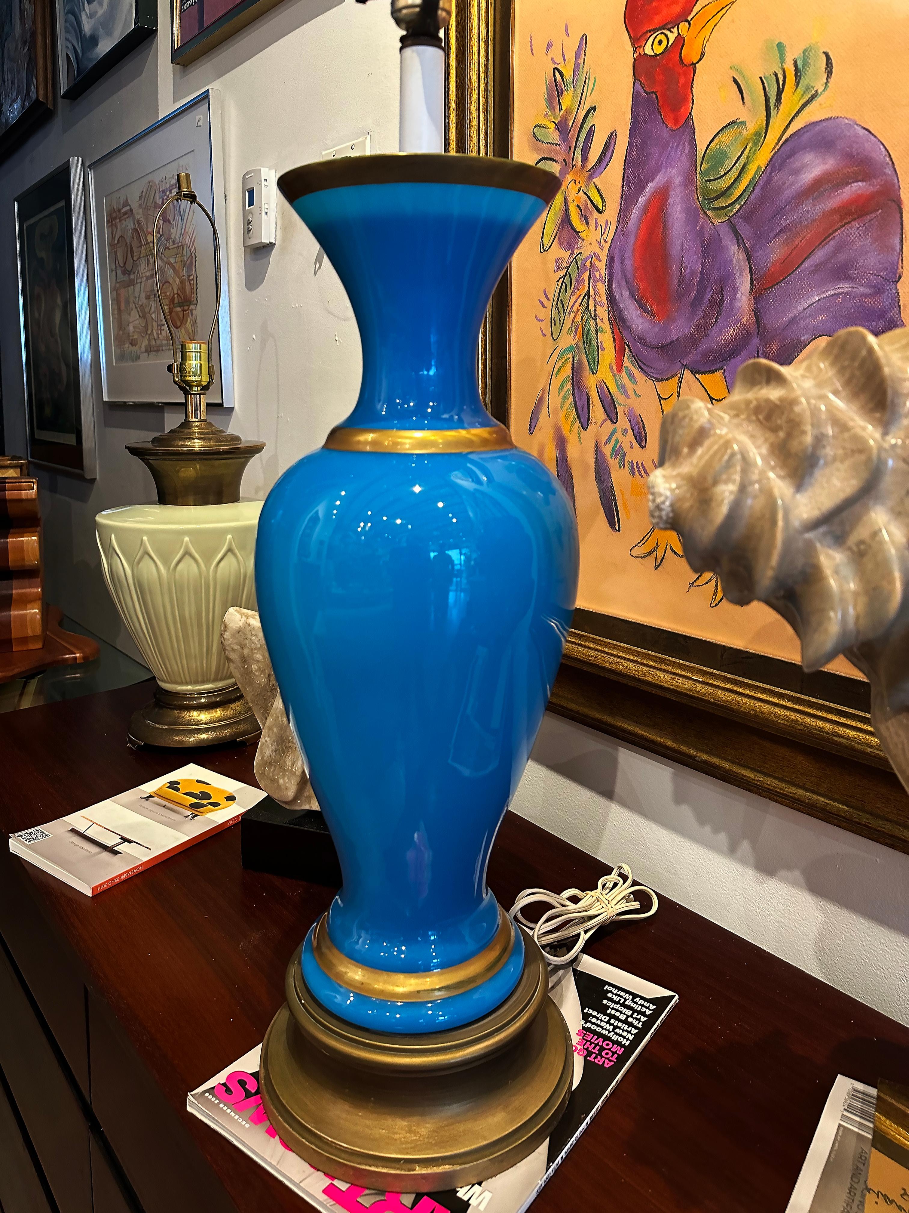 Neoclassical Revival 1950s French Blue Opaline Glass Table Lamps With Gilt Details, Pair For Sale