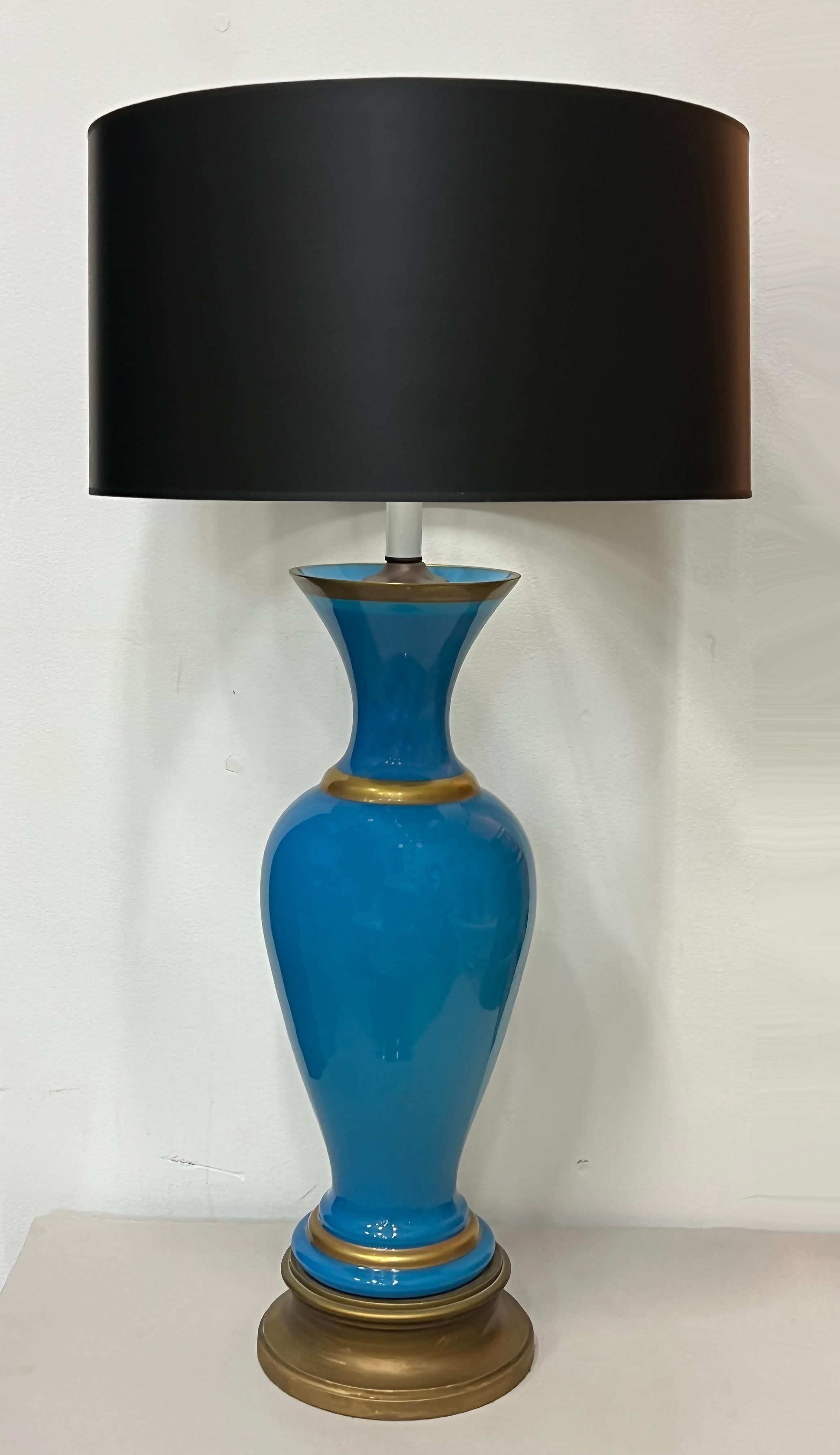 Painted 1950s French Blue Opaline Glass Table Lamps With Gilt Details, Pair For Sale