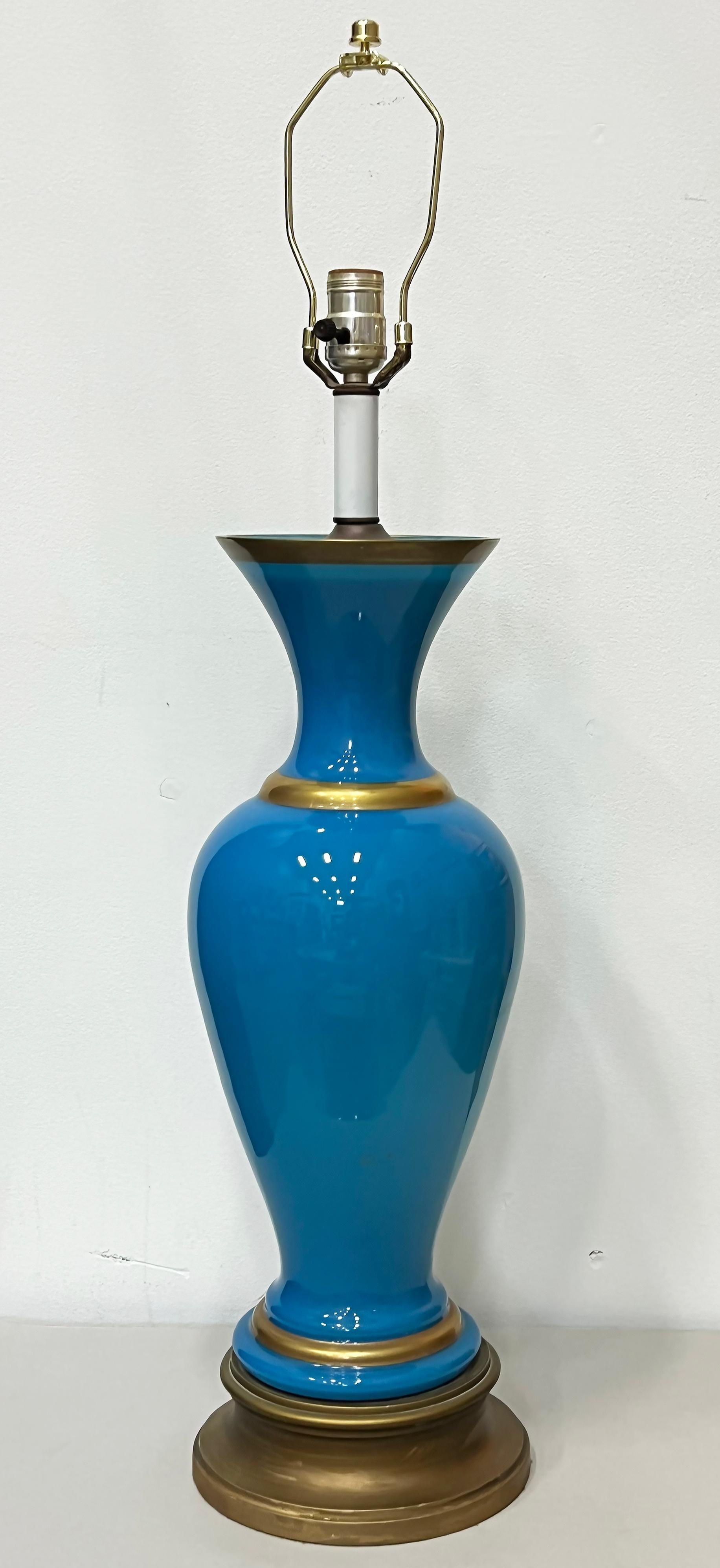 1950s French Blue Opaline Glass Table Lamps With Gilt Details, Pair In Good Condition For Sale In Miami, FL