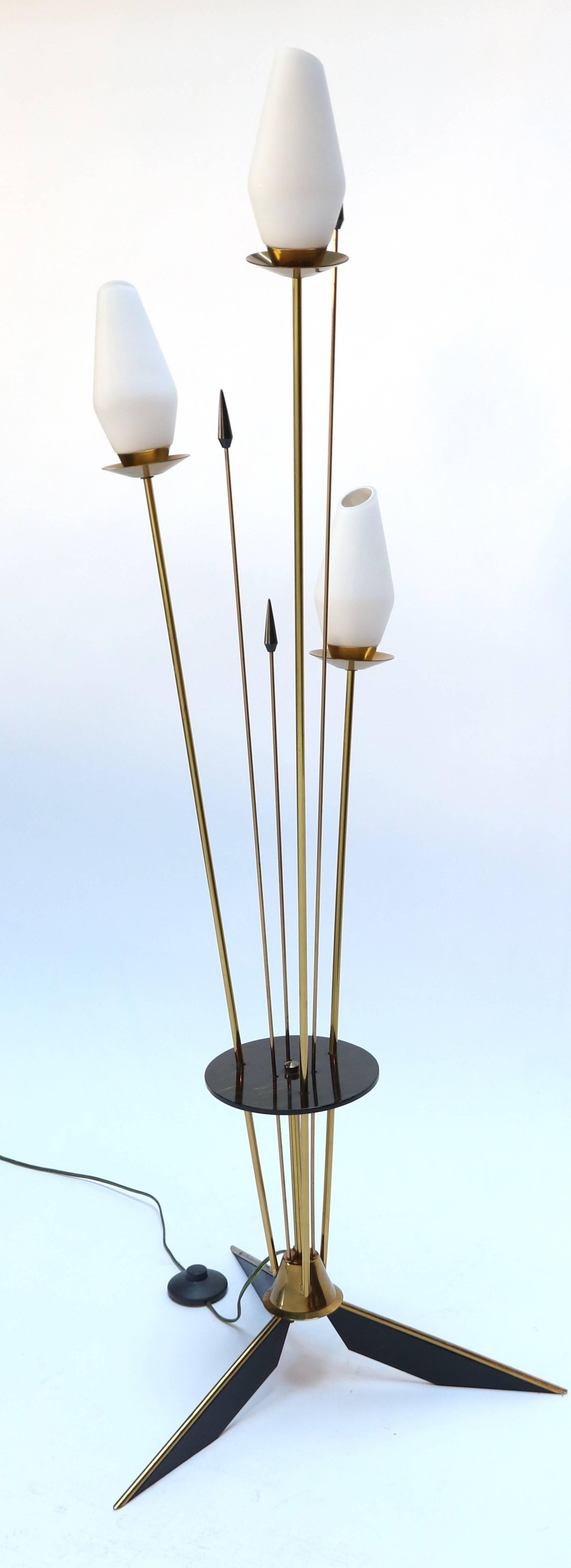 Mid-Century Modern French Brass and Black Metal Floor Lamp with 3 Opaque White Glass Lights, 1950s For Sale