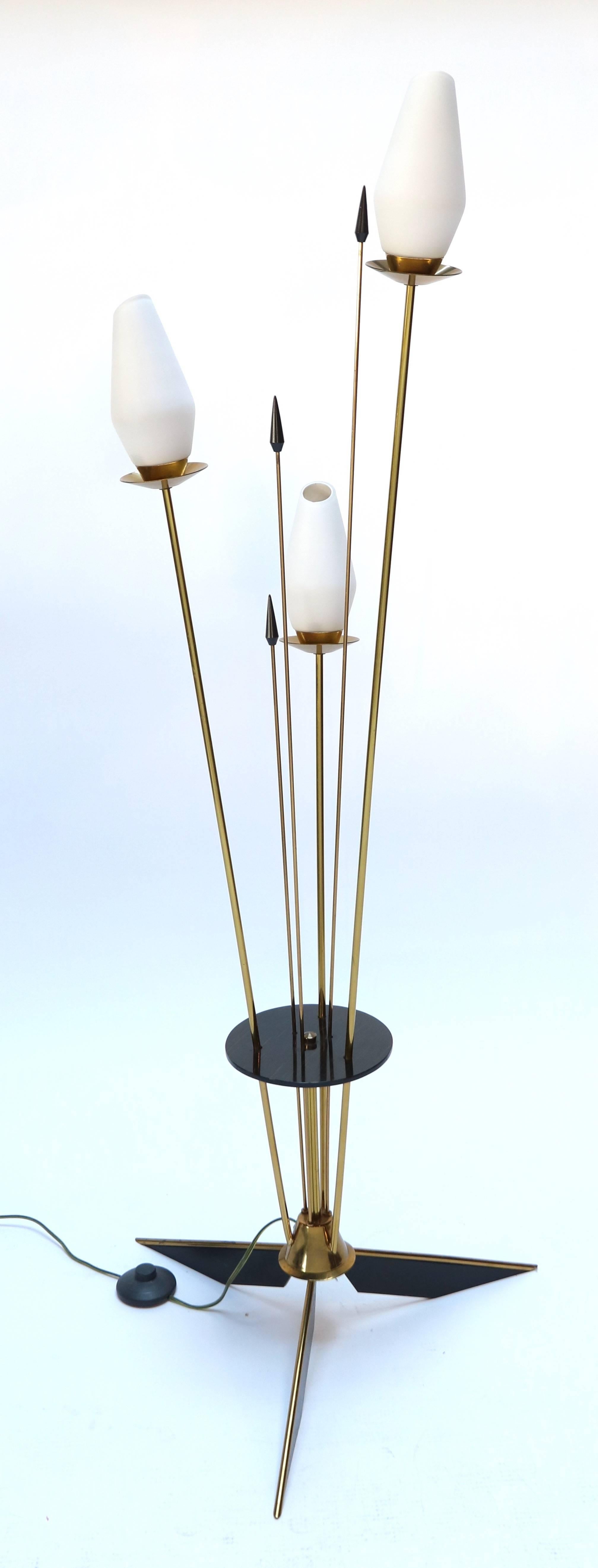 French Brass and Black Metal Floor Lamp with 3 Opaque White Glass Lights, 1950s In Good Condition For Sale In Los Angeles, CA